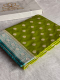MKS690 – Mehndi & Sea Green Banarasi Mashru Kataan Silk Saree with Buta Woven Design