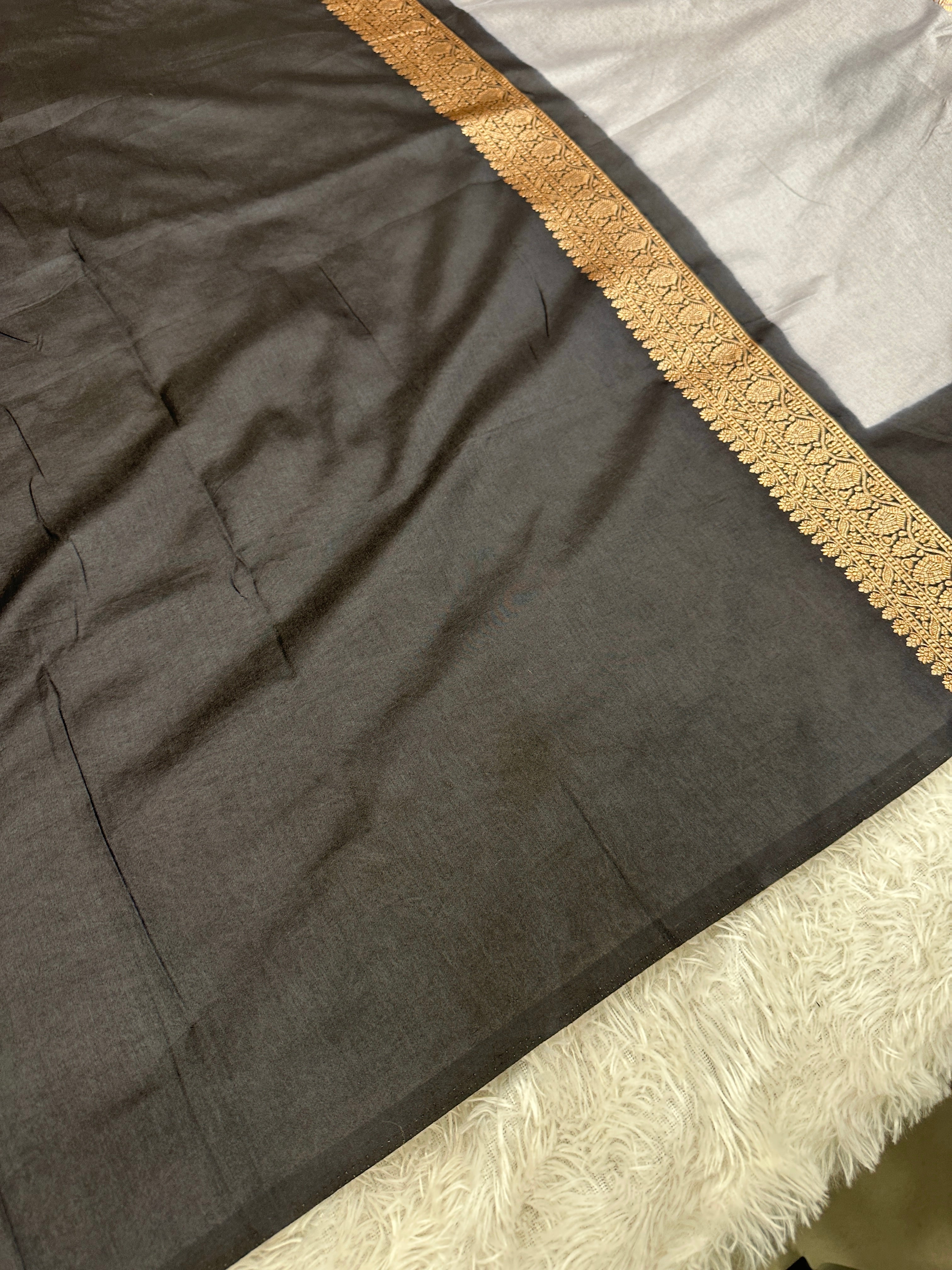 Grey & Black Contrast Banarasi Dupion Silk Saree with Embossed Antique Zari Weaving & Rich Antique Zari Pallu | STF63