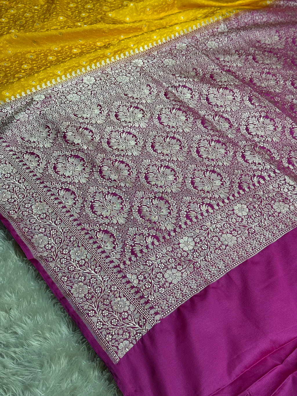 Bright Yellow Banarasi Mashru Silk Saree with Rani Contrast and Tanchoi Zari Meena Work MKS213