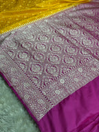 Bright Yellow Banarasi Mashru Silk Saree with Rani Contrast and Tanchoi Zari Meena Work MKS213