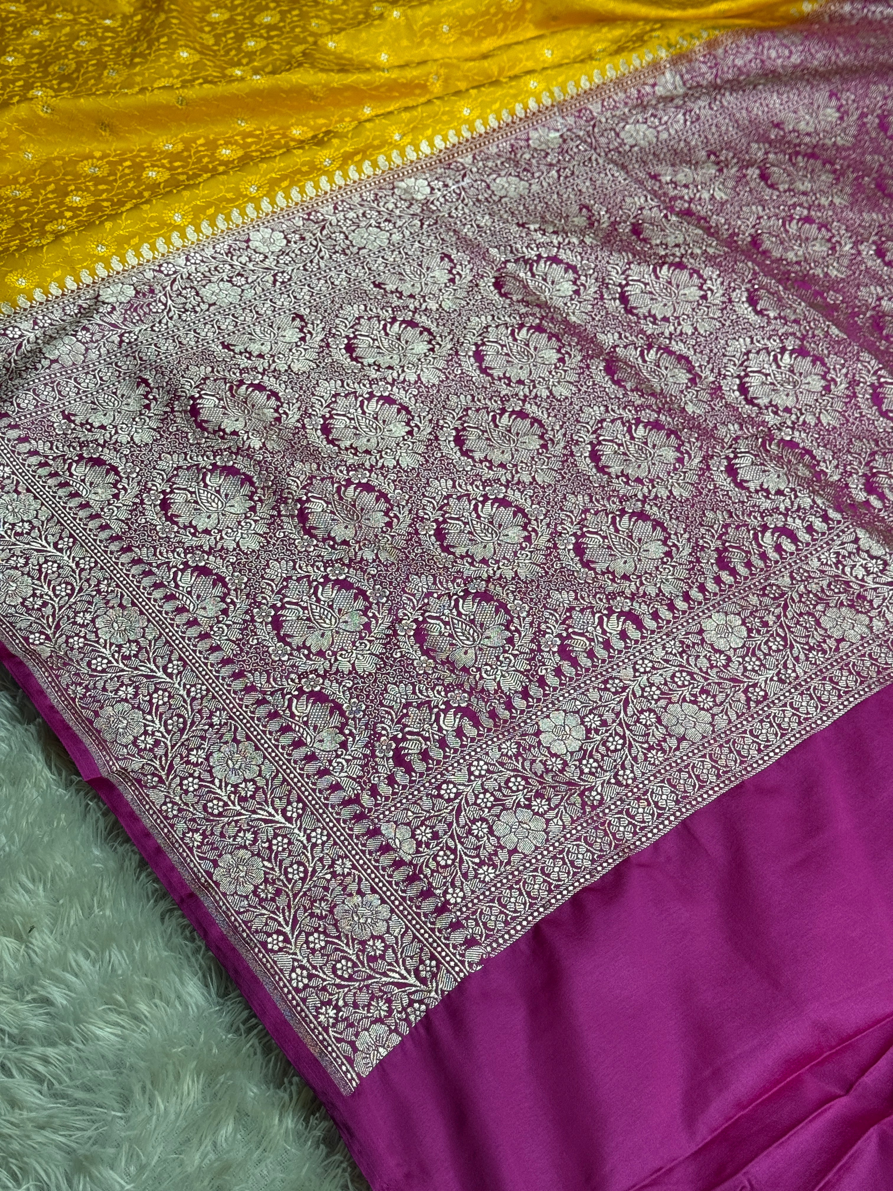 Bright Yellow Banarasi Mashru Silk Saree with Rani Contrast and Tanchoi Zari Meena Work MKS213