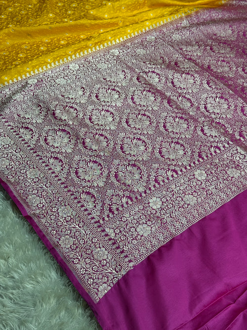 Bright Yellow Banarasi Mashru Silk Saree with Rani Contrast and Tanchoi Zari Meena Work MKS213