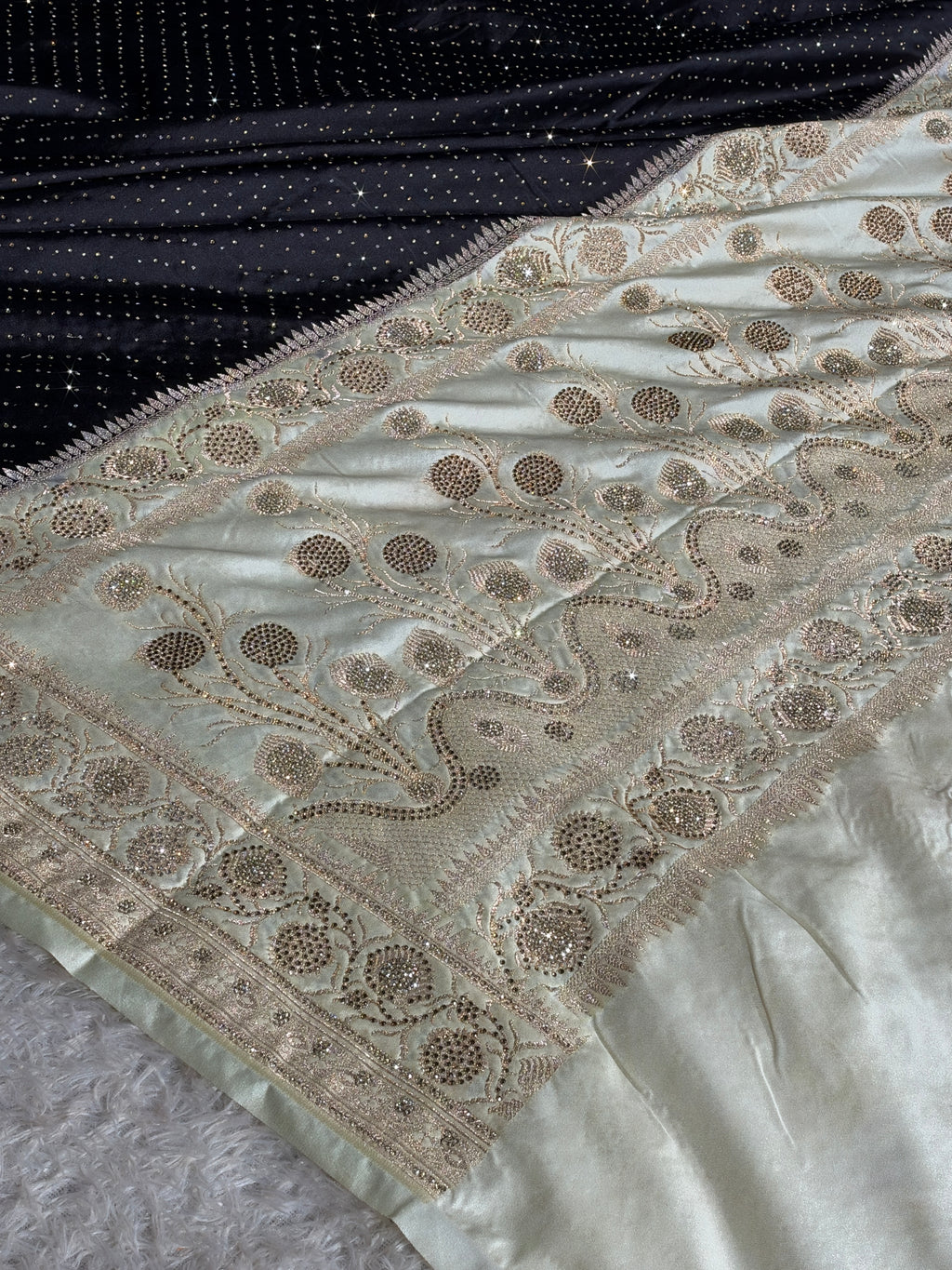 MKS839 Black & Beige Mashru Kataan Silk Saree with All-Over Swarovski Work & Rich Zari Pallu