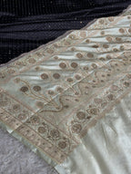 MKS839 Black & Beige Mashru Kataan Silk Saree with All-Over Swarovski Work & Rich Zari Pallu