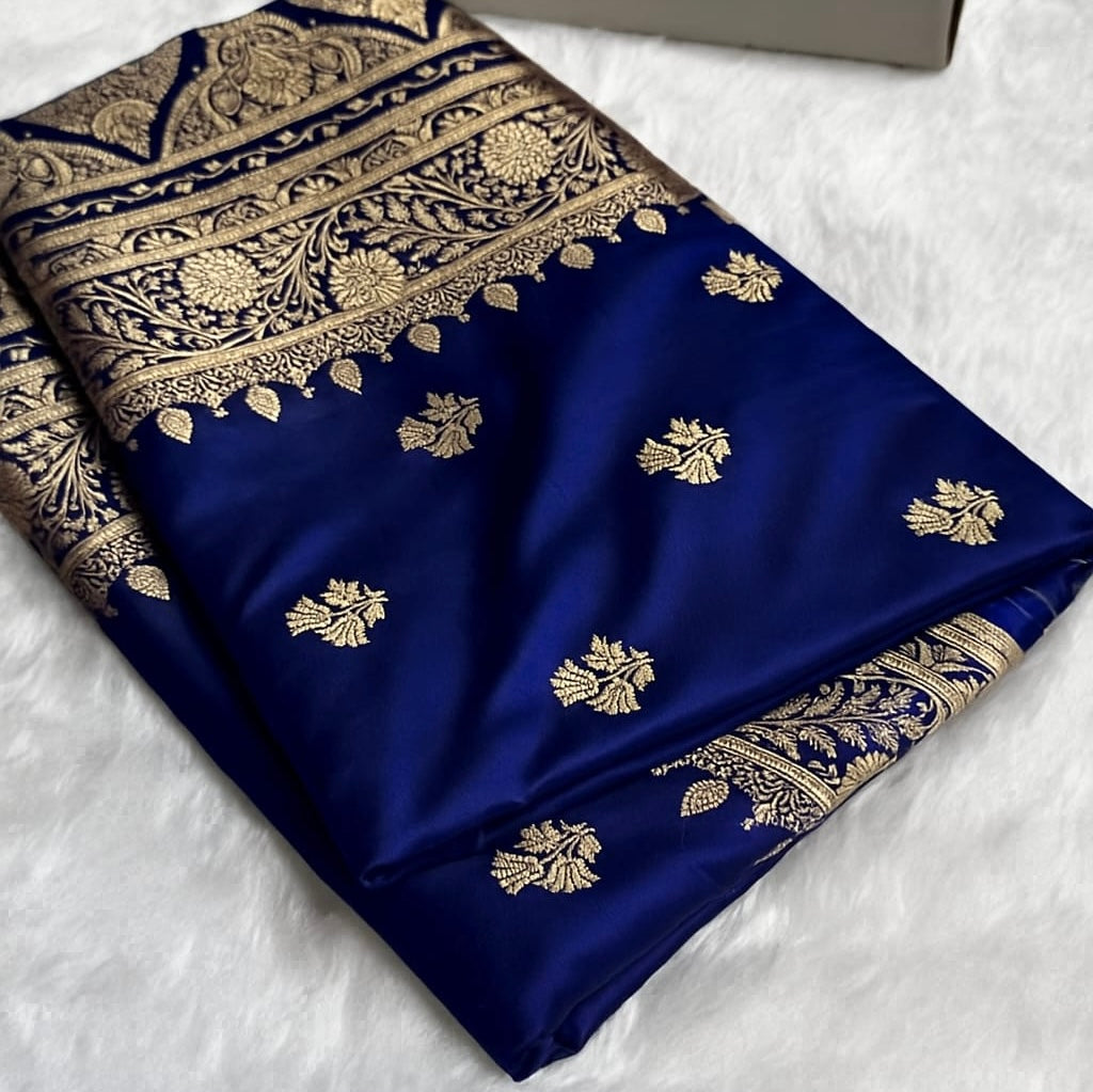 Banarasi Mashru Kataan Silk Saree Featuring Fancy Buta Pattern with Ikkat Border & Zari Pallu – MKS408