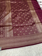 Wine Banarasi Dupion Silk Saree with Embossed Antique Zari Weaving & Rich Antique Zari Pallu | STF99