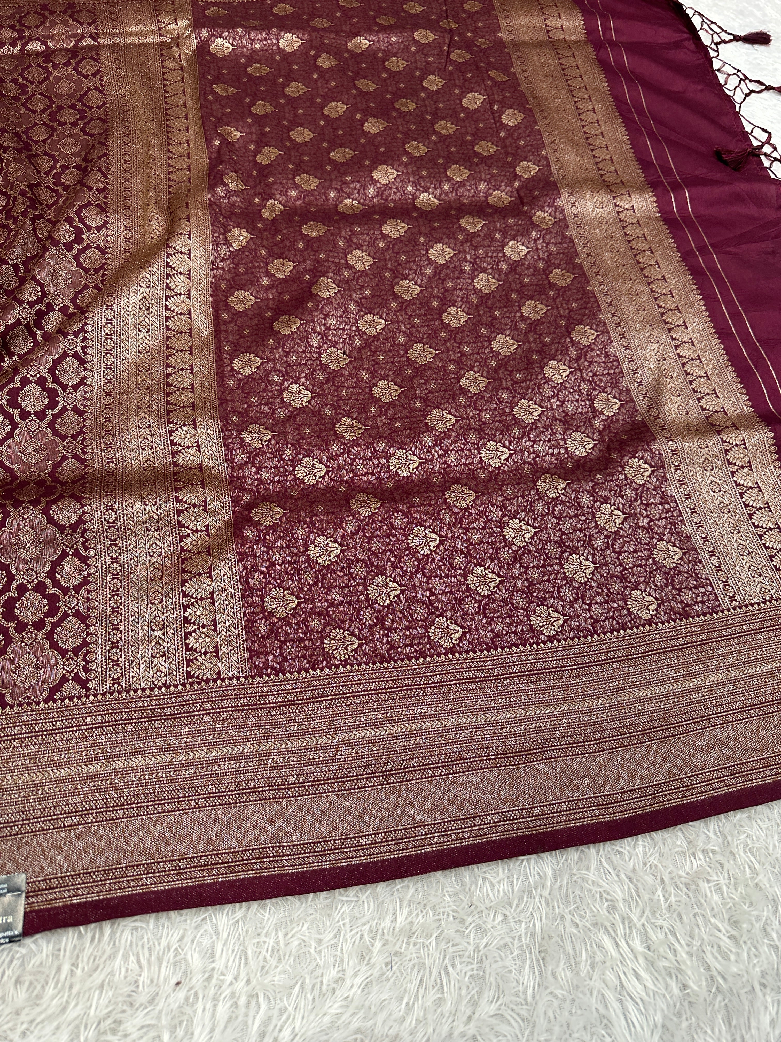 Wine Banarasi Dupion Silk Saree with Embossed Antique Zari Weaving & Rich Antique Zari Pallu | STF99