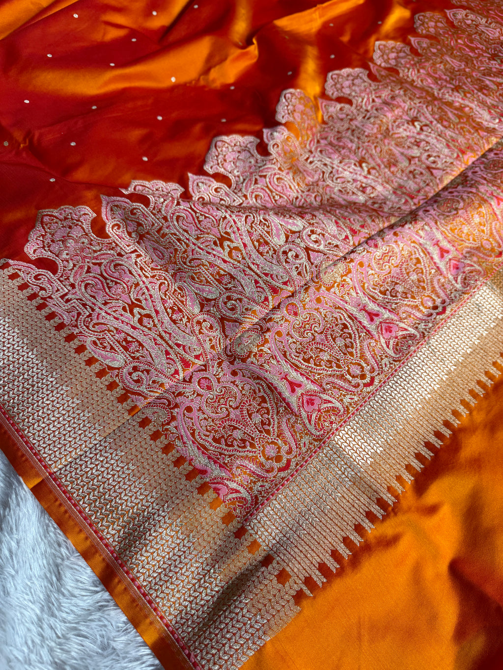 Orange Banarasi Mashru Kataan Silk Saree with Jacquard Woven Matar Buti Design & Rupa-Sona Zari MKS101