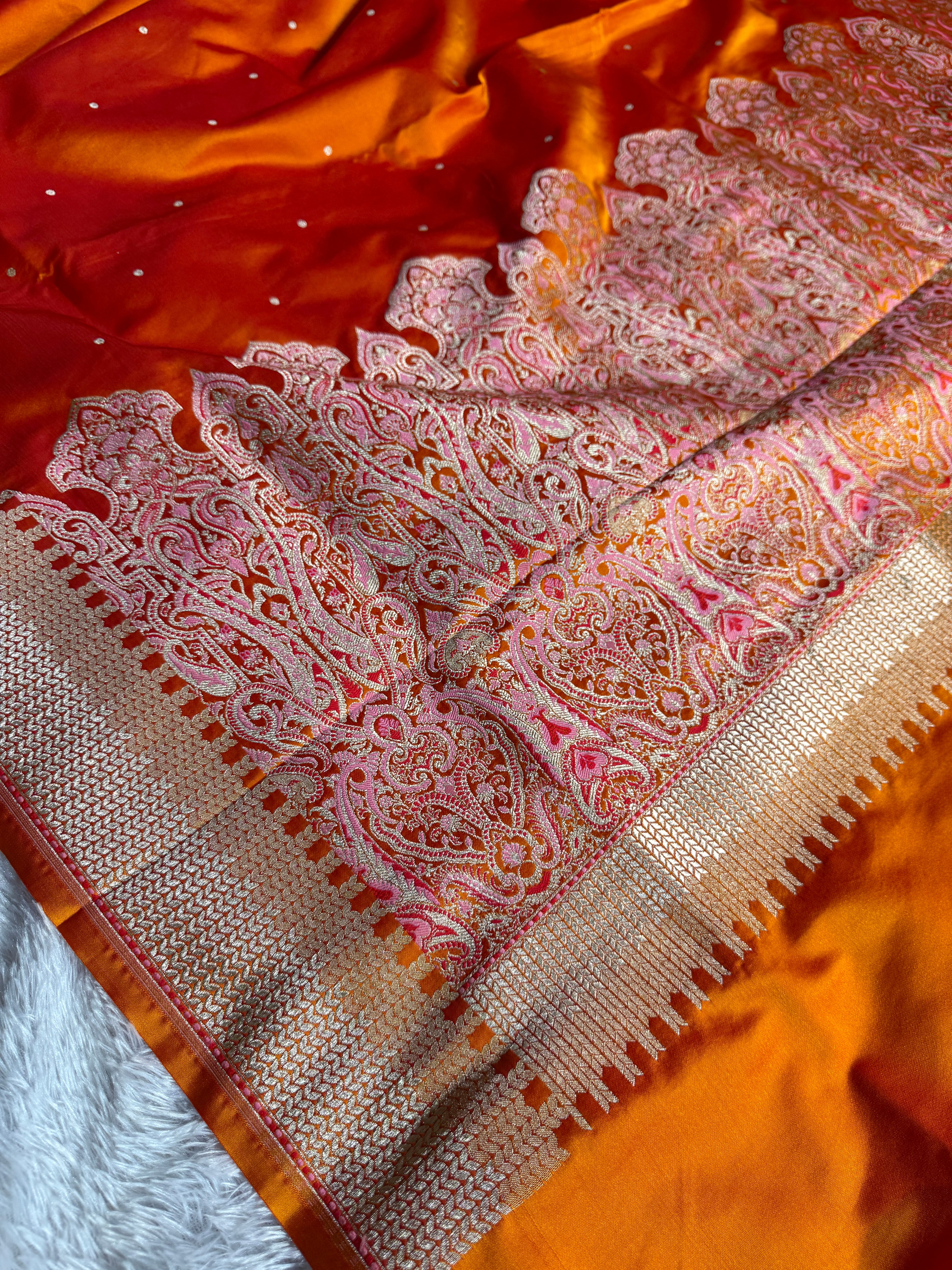 Orange Banarasi Mashru Kataan Silk Saree with Jacquard Woven Matar Buti Design & Rupa-Sona Zari MKS101