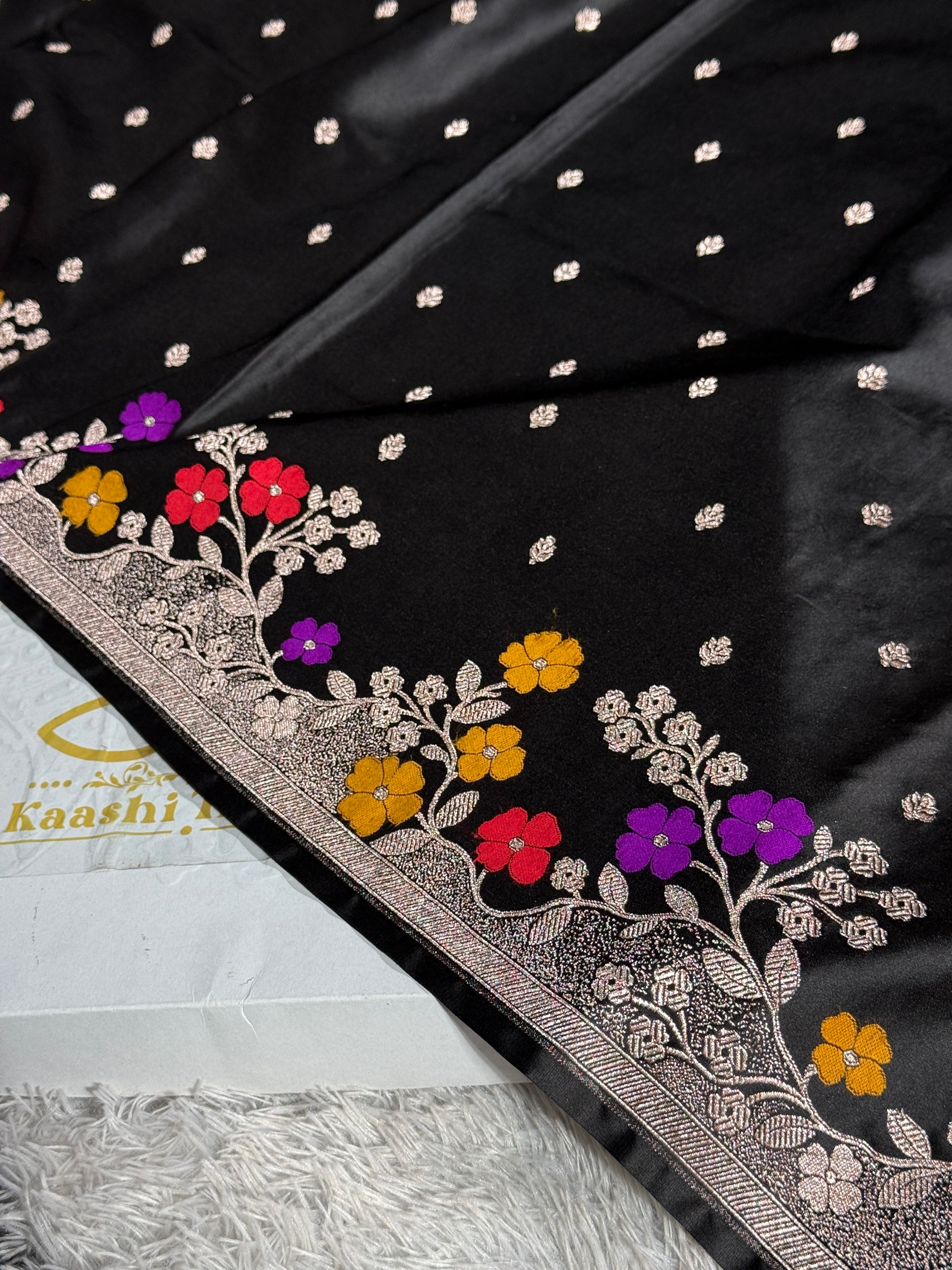 Black Mashru Kataan Silk Saree with Buta Design & Meenakari Zari Border MKS631