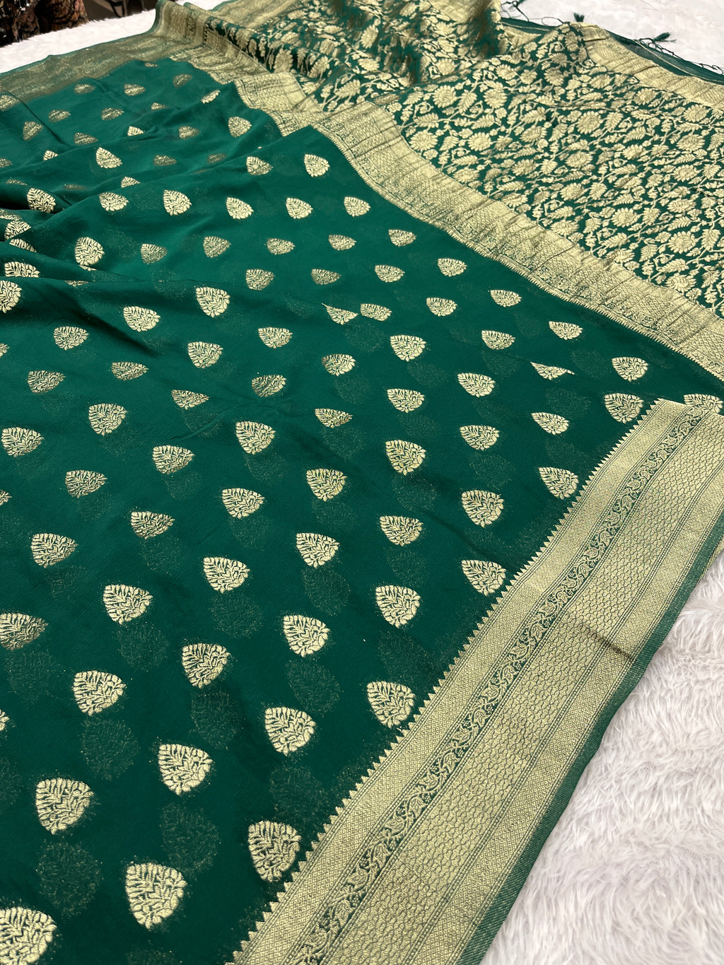 Chinon Silk Buta Zari Green Color Saree CN01