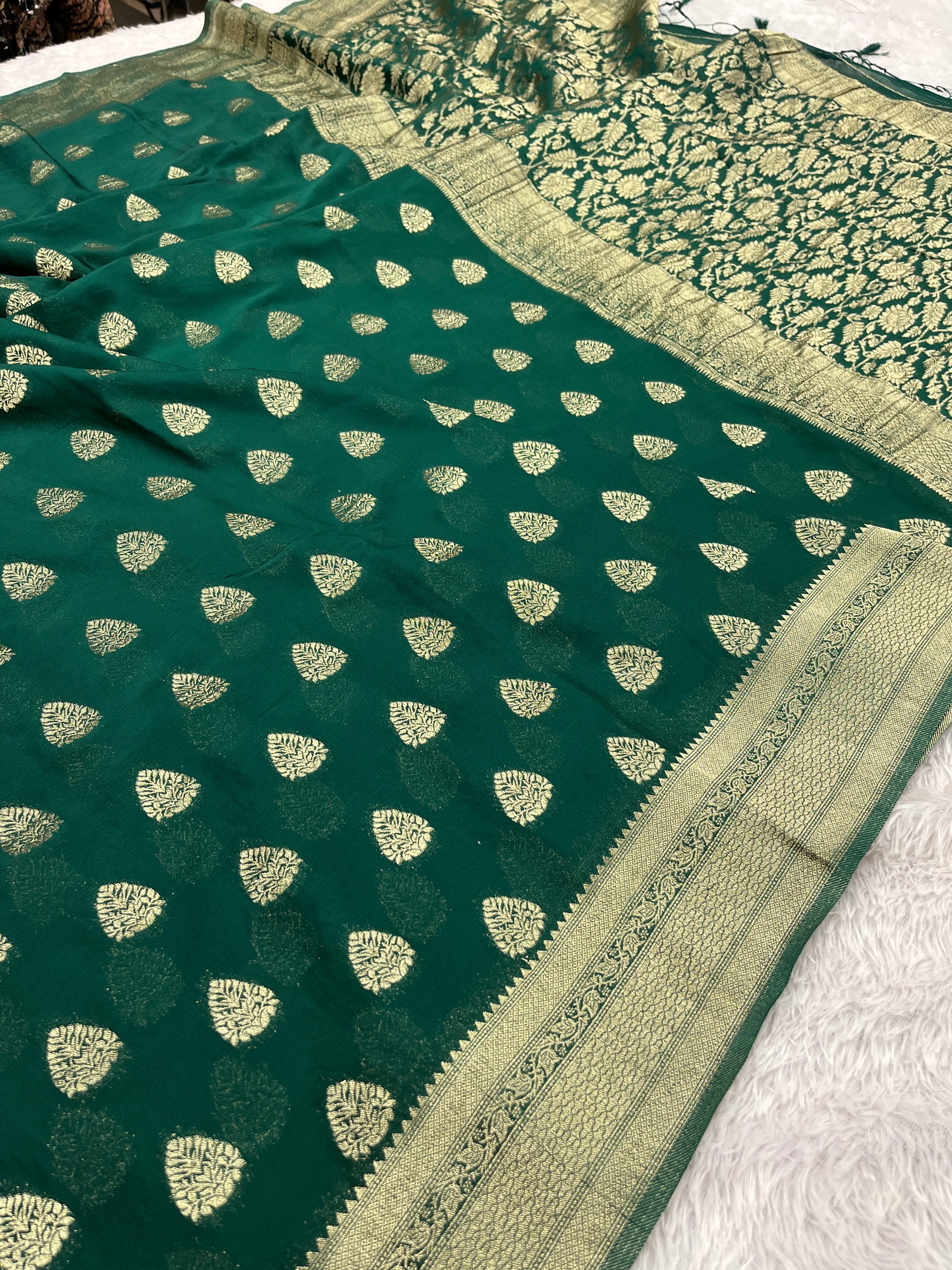 Chinon Silk Buta Zari Green Color Saree CN01