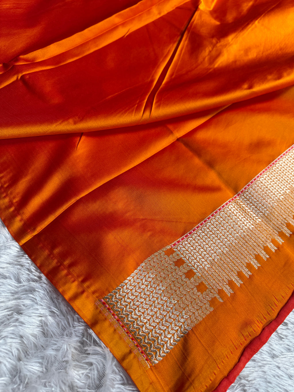 Orange Banarasi Mashru Kataan Silk Saree with Jacquard Woven Matar Buti Design & Rupa-Sona Zari MKS101