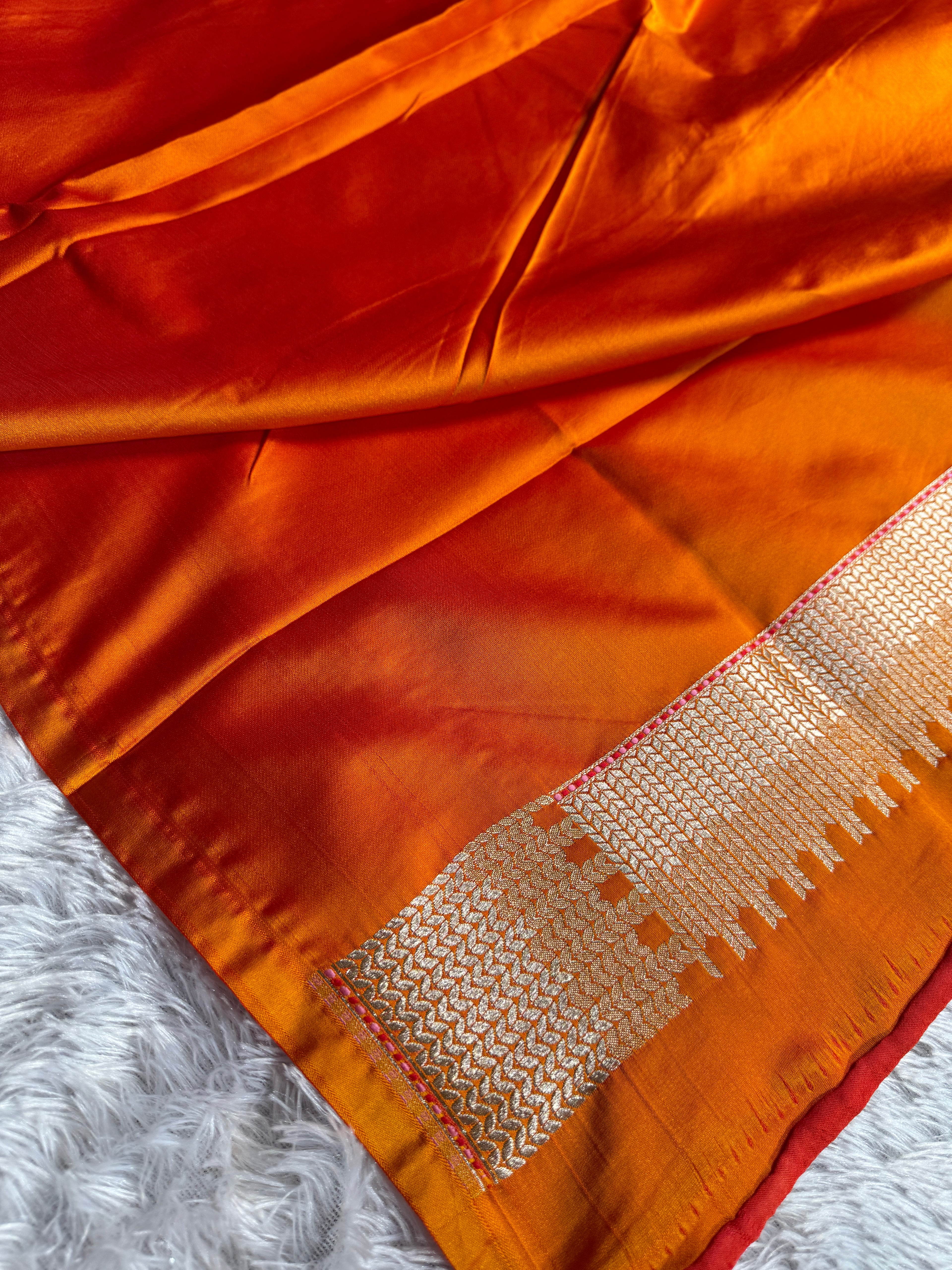 Orange Banarasi Mashru Kataan Silk Saree with Jacquard Woven Matar Buti Design & Rupa-Sona Zari MKS101