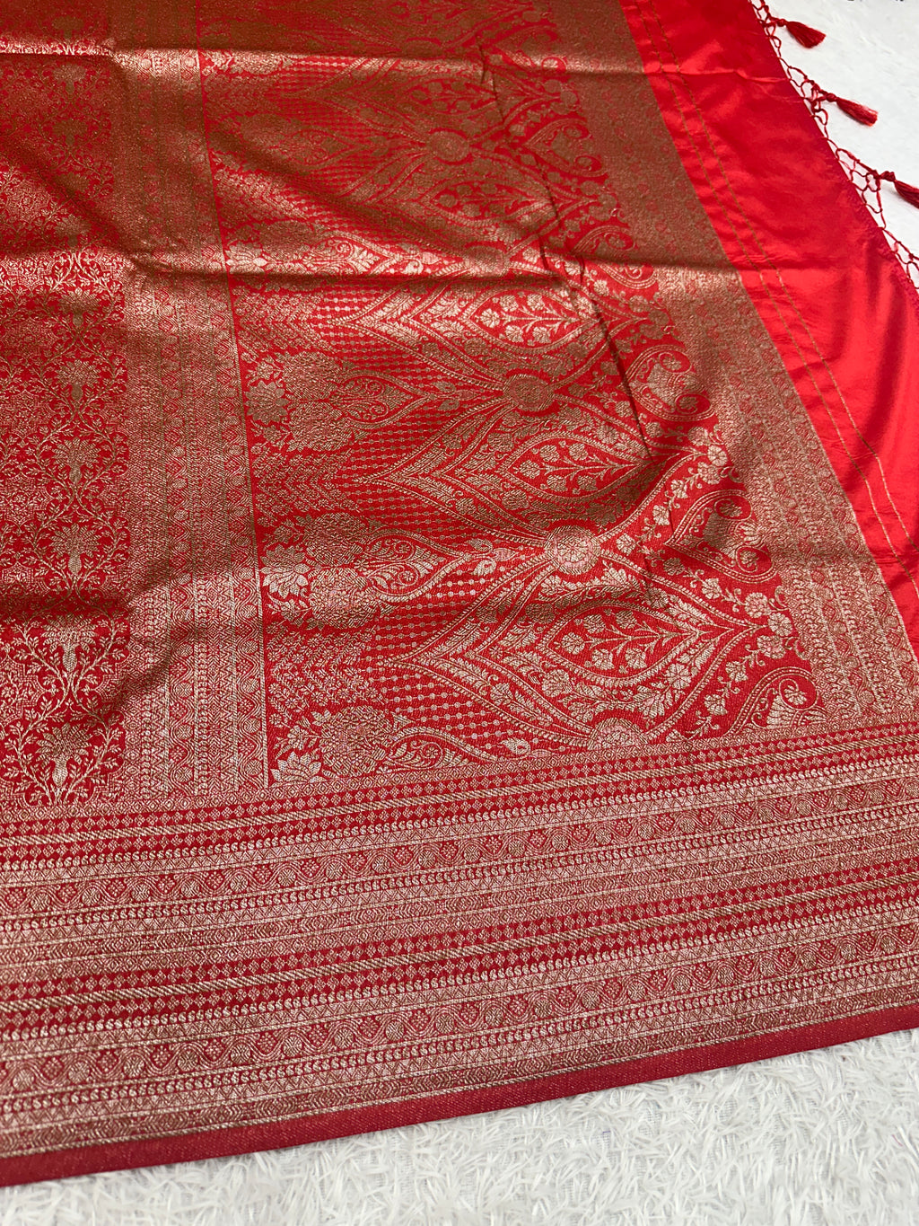 Red Banarasi Dupion Silk Saree with Embossed Antique Zari Weaving & Rich Antique Zari Pallu | STF81