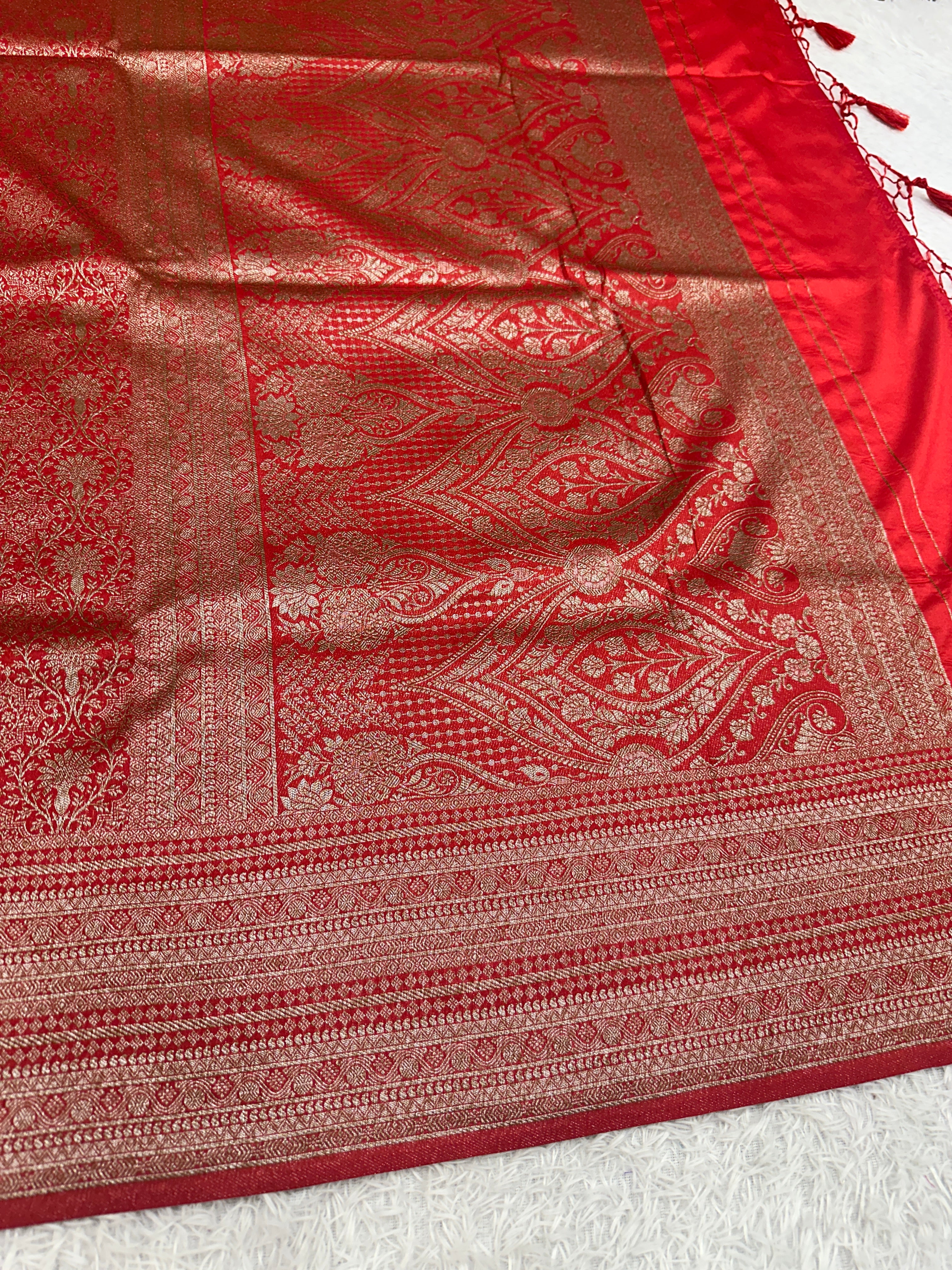 Red Banarasi Dupion Silk Saree with Embossed Antique Zari Weaving & Rich Antique Zari Pallu | STF81