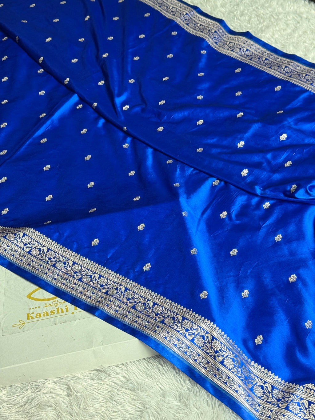 Royal Blue Fancy Buti Banarasi Mashru Silk Saree | Satin Mashru Silk | Kaashi Threads | MKS515