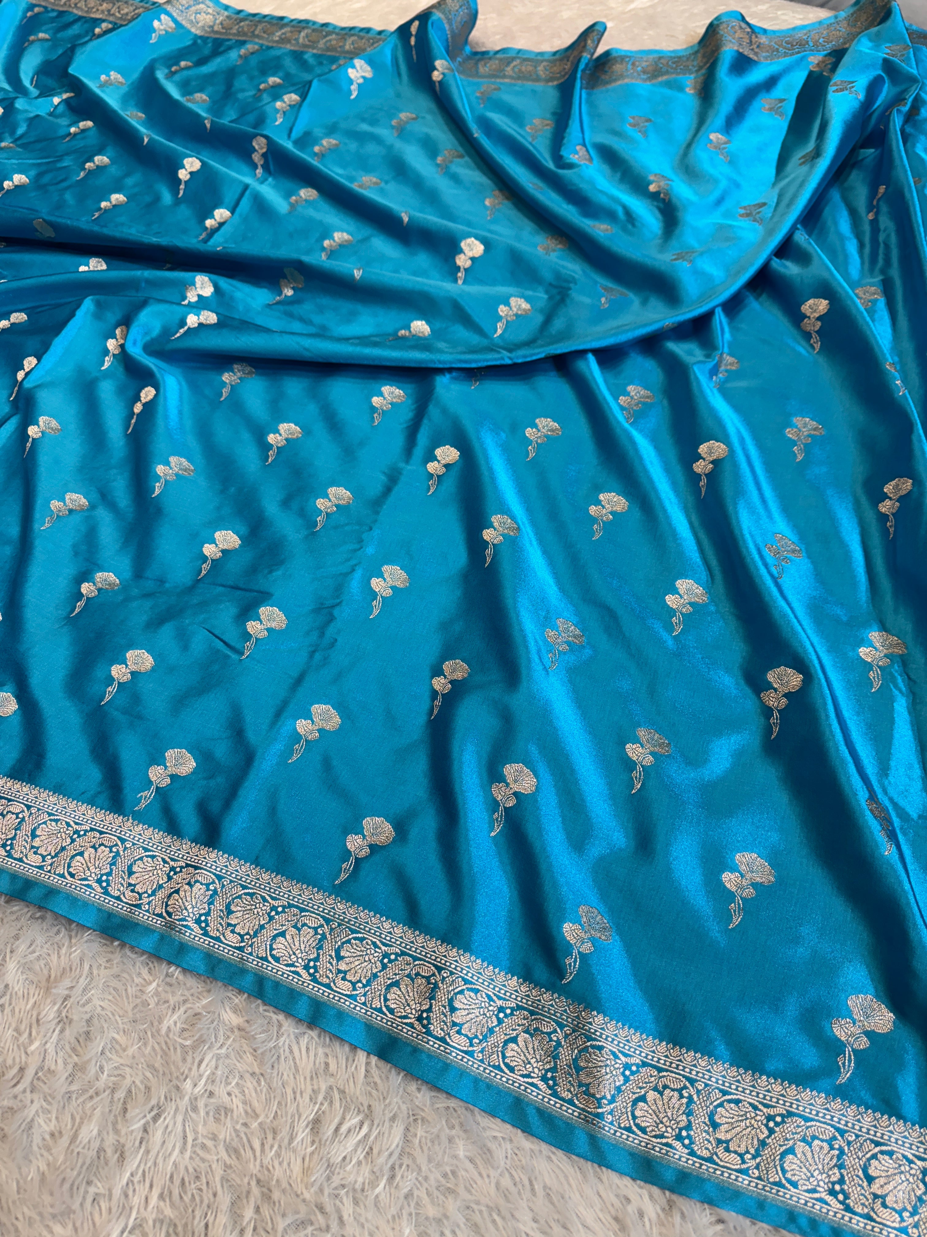 Light Blue Banarasi Mashru Kataan Silk Saree with All-Over Jaal Weave & Rupa-Sona Zari MKS137