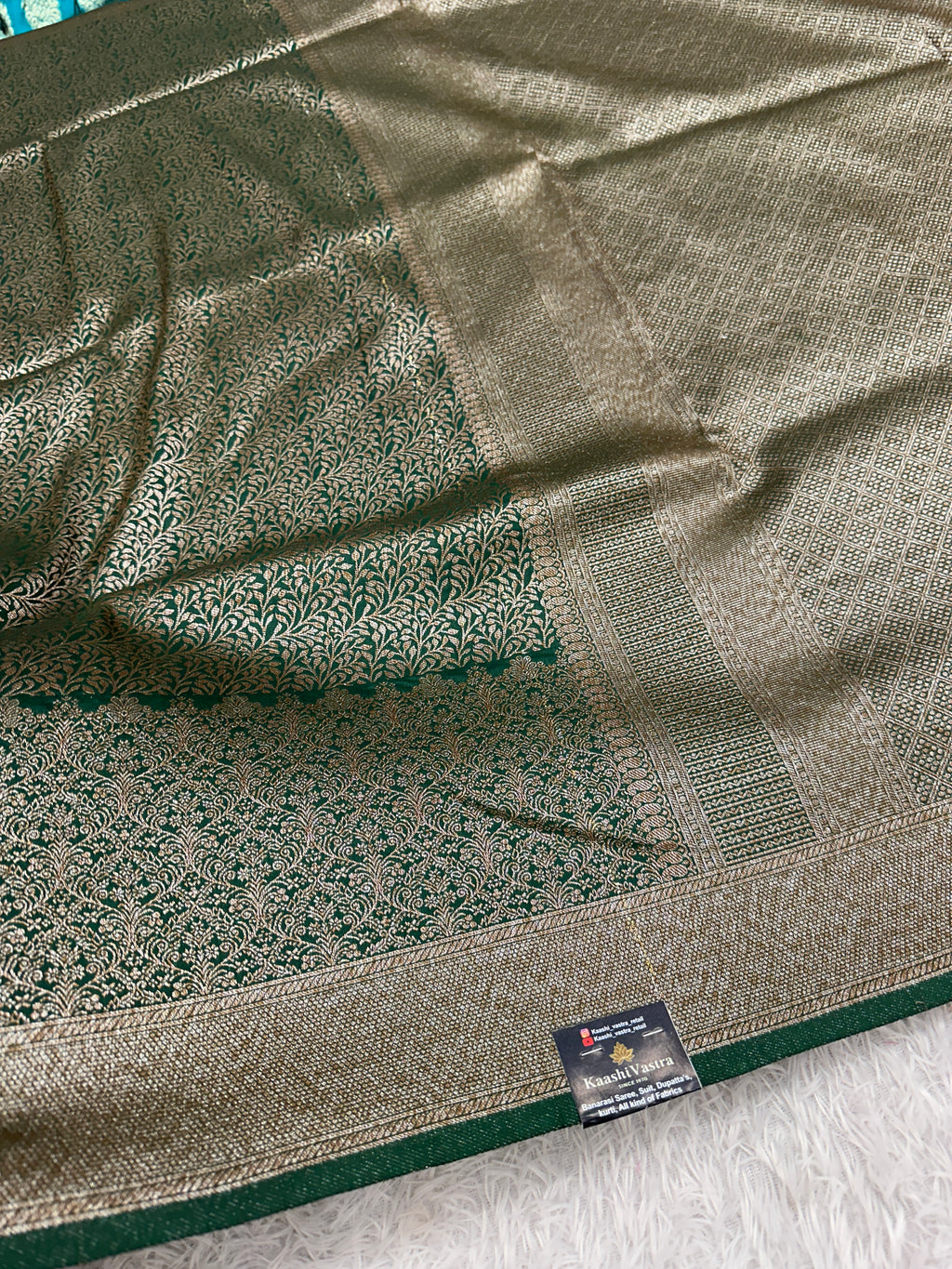 Bottle Green Banarasi Dupion Silk Saree with Embossed Antique Zari Weaving & Rich Antique Zari Pallu | STF98