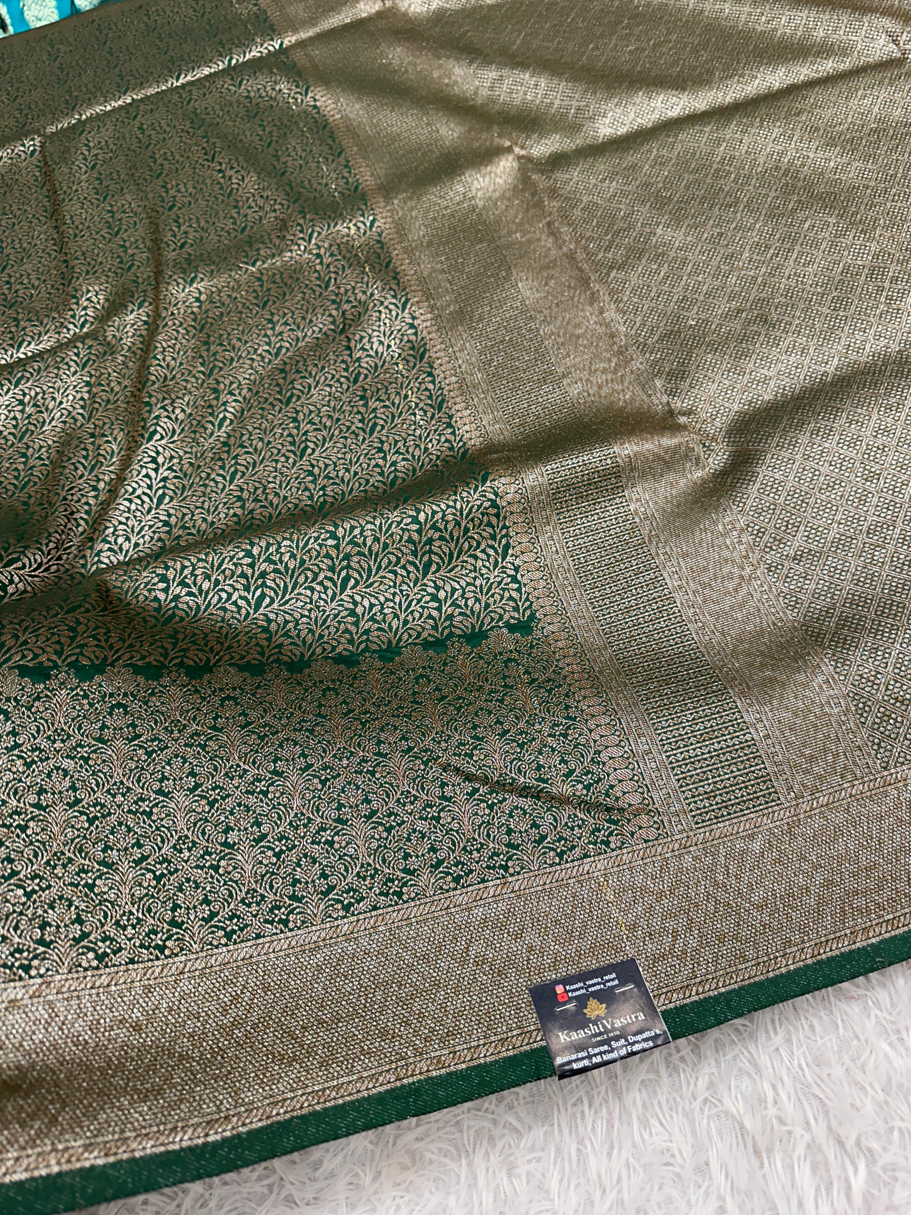 Bottle Green Banarasi Dupion Silk Saree with Embossed Antique Zari Weaving & Rich Antique Zari Pallu | STF98