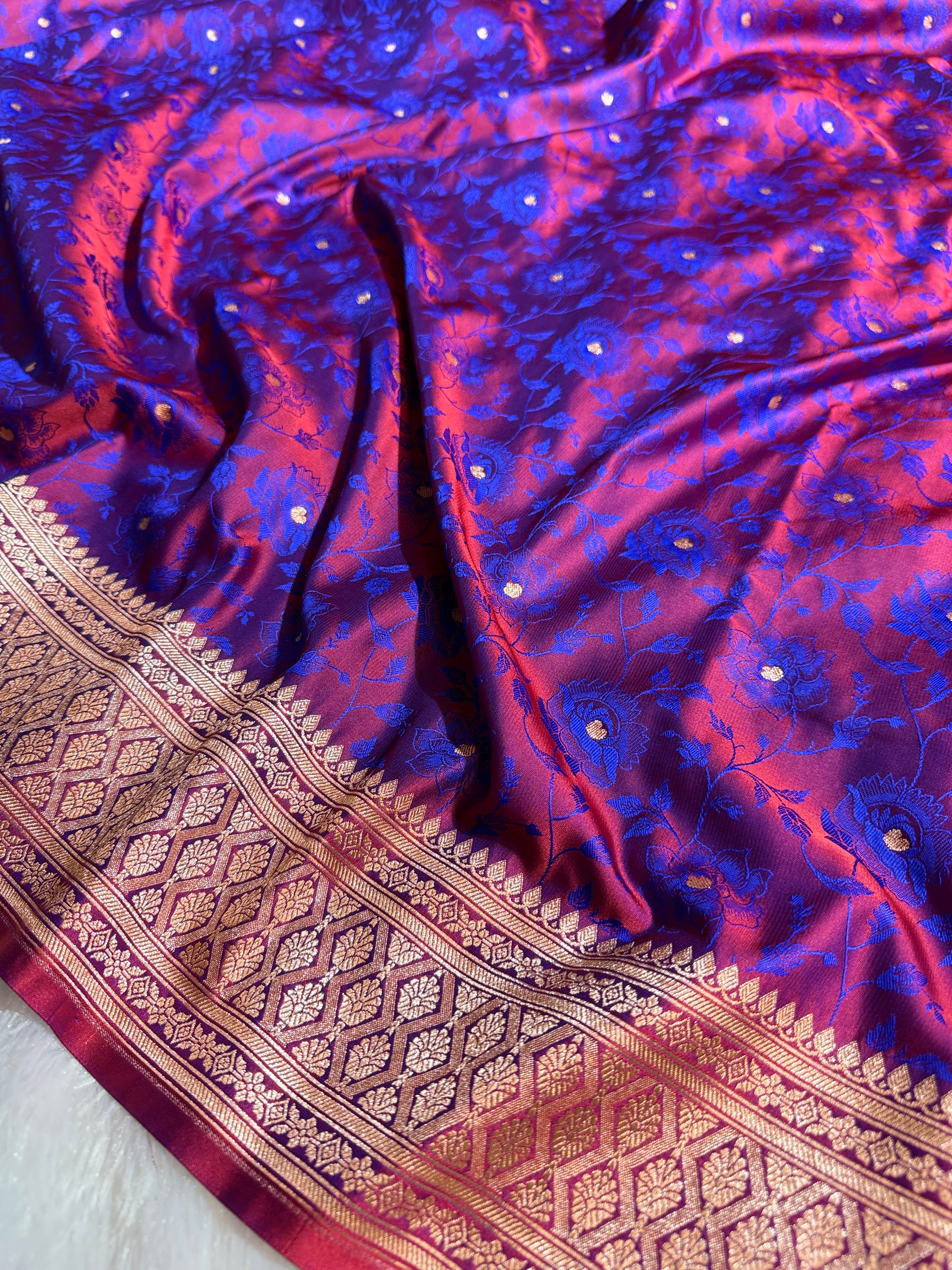 Blue Satin Mashru Silk Banarasi Saree with Dual Tone Tanchoi Pattern and Rupa-Sona Zari Work  MKS085