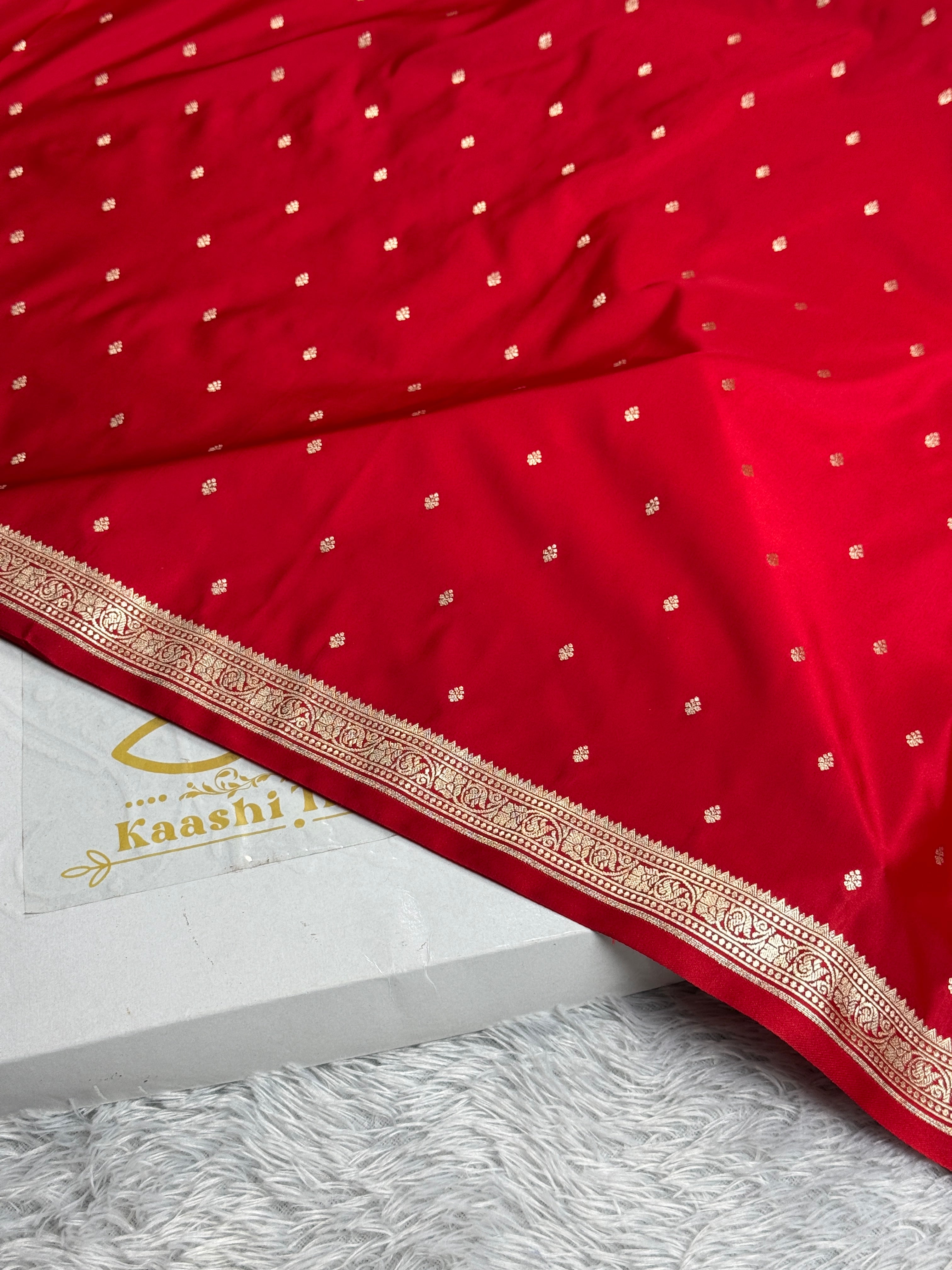 Royal Red Banarasi Satin Mashru Silk Saree with Matter Buti Zari Weaving & Scalloped Border – MKS505