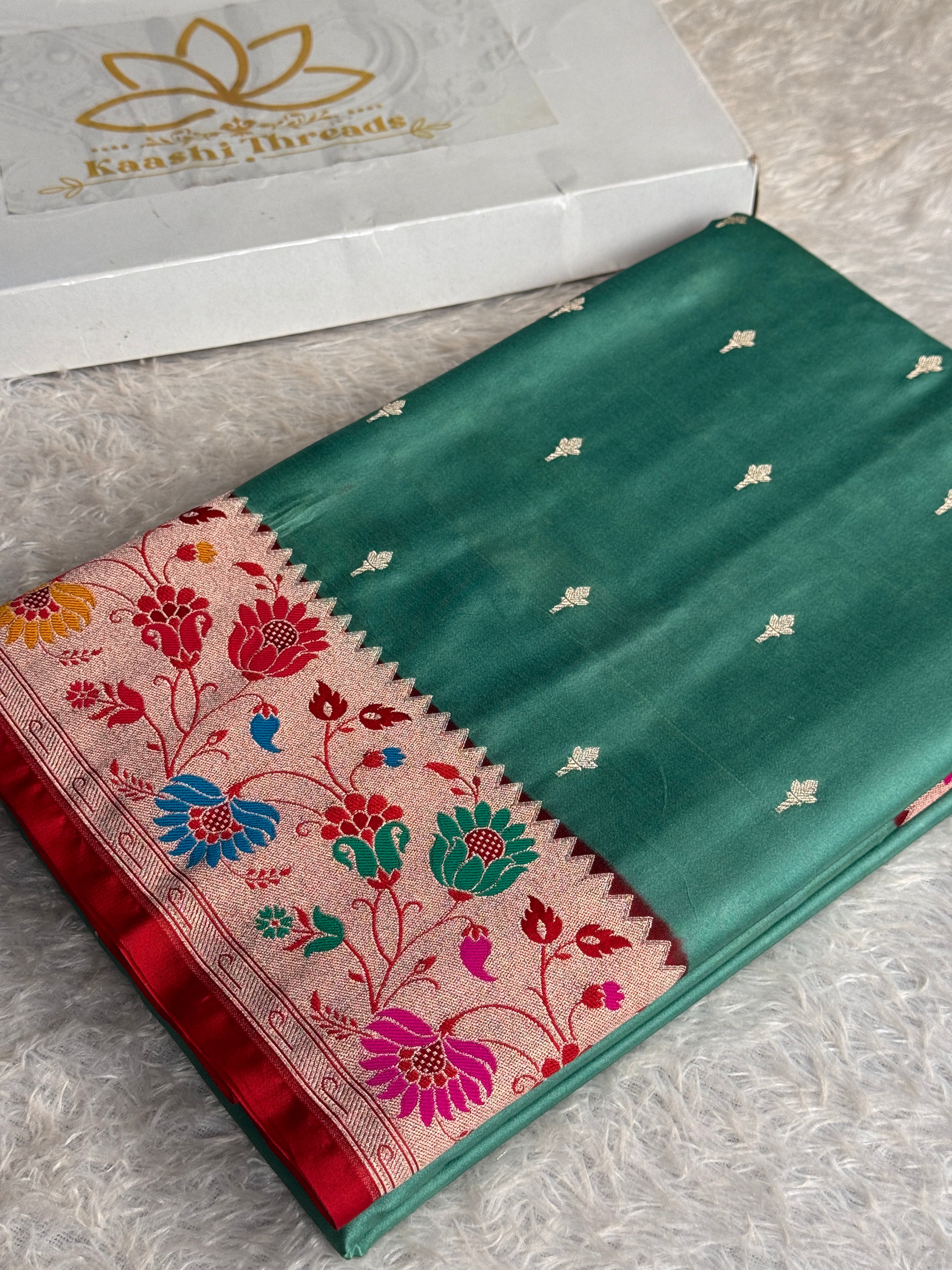 Banarasi Mashru Kataan Silk Saree Sea Green with Red Paithani Border | MKS743