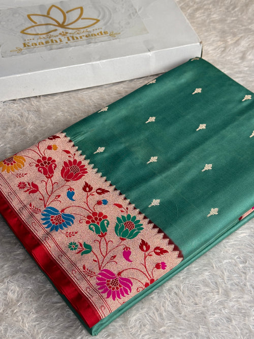 Banarasi Mashru Kataan Silk Saree Sea Green with Red Paithani Border | MKS743