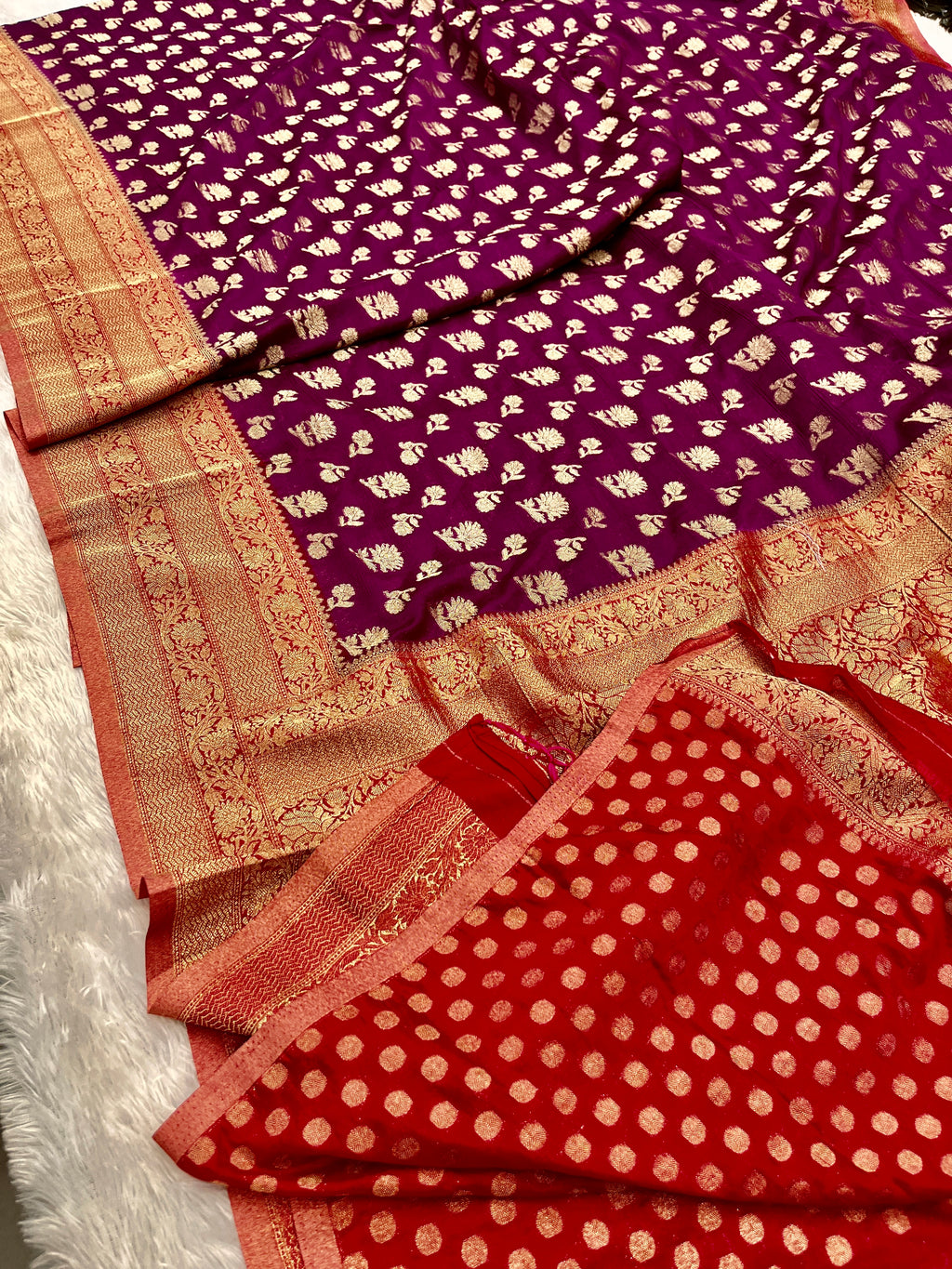 Chinon Silk Big small Buta  Design Magenta with Red Color Saree CN06