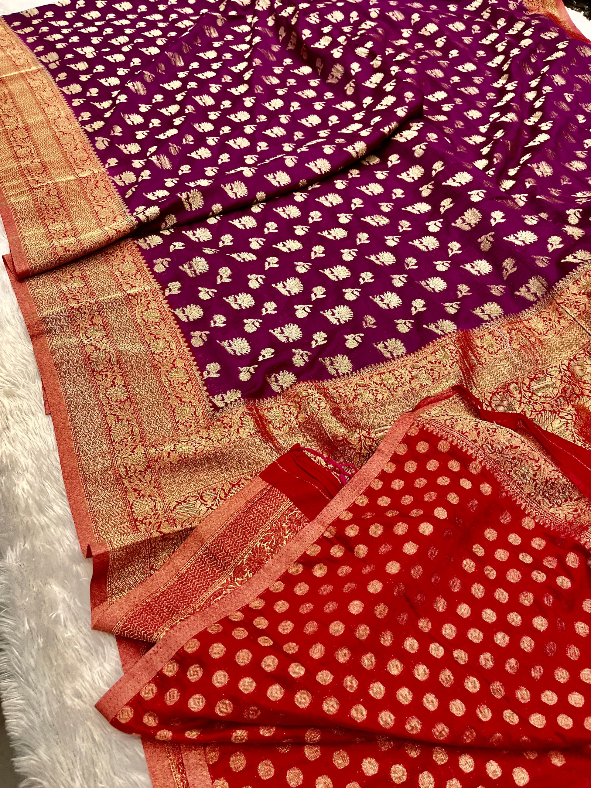 Chinon Silk Big small Buta  Design Magenta with Red Color Saree CN06