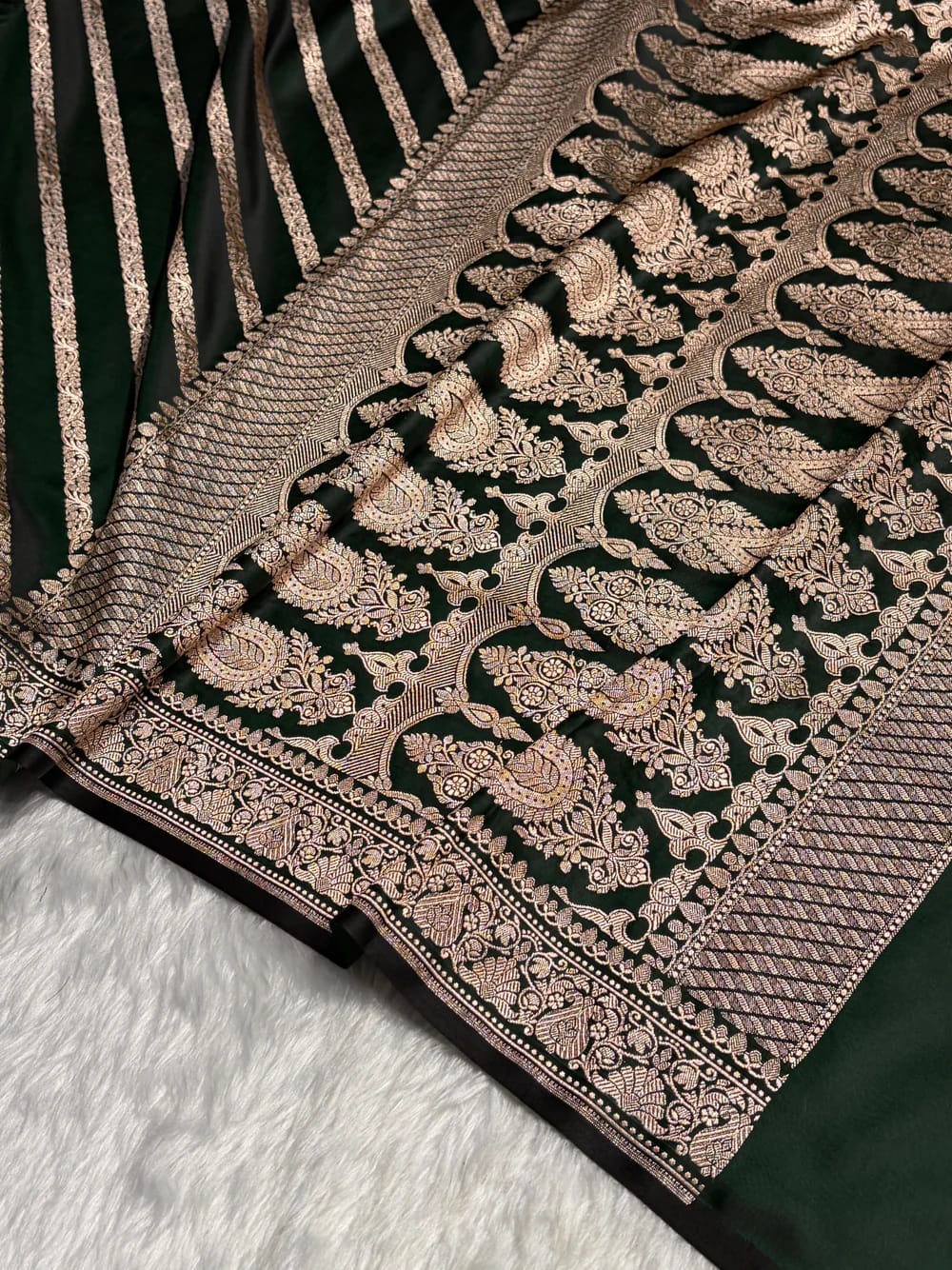 Banarasi Mashru Kataan Silk Saree Featuring Aaddha Zari Weave with Rich Zari Pallu – MKS413