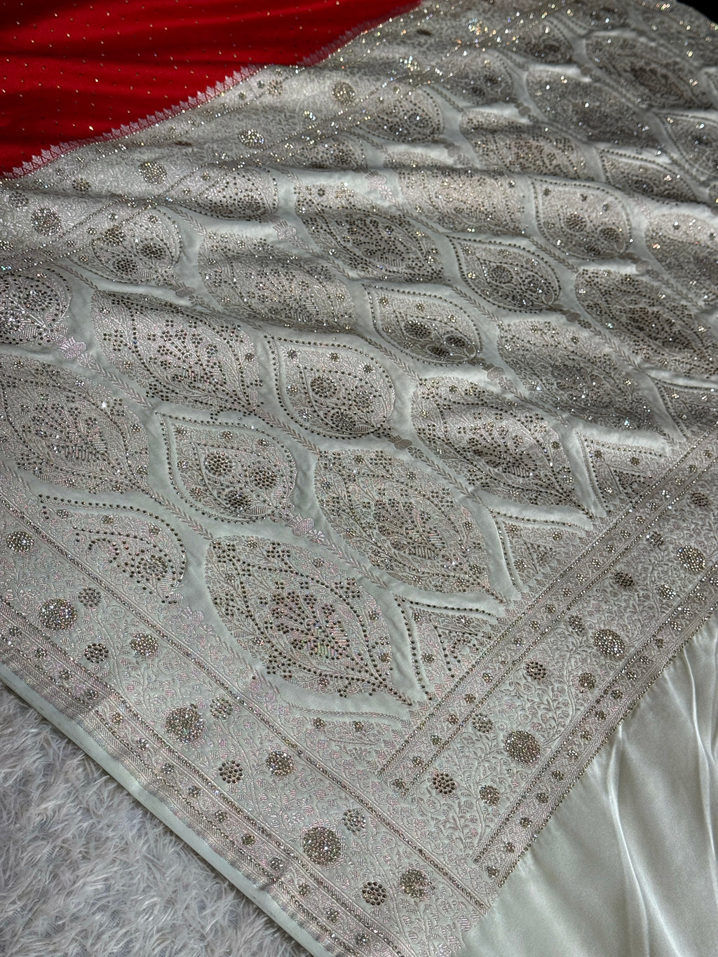 Red & Cream Mashru Saatan Silk Saree with All-Over Swarovski Stone Work – MKS834
