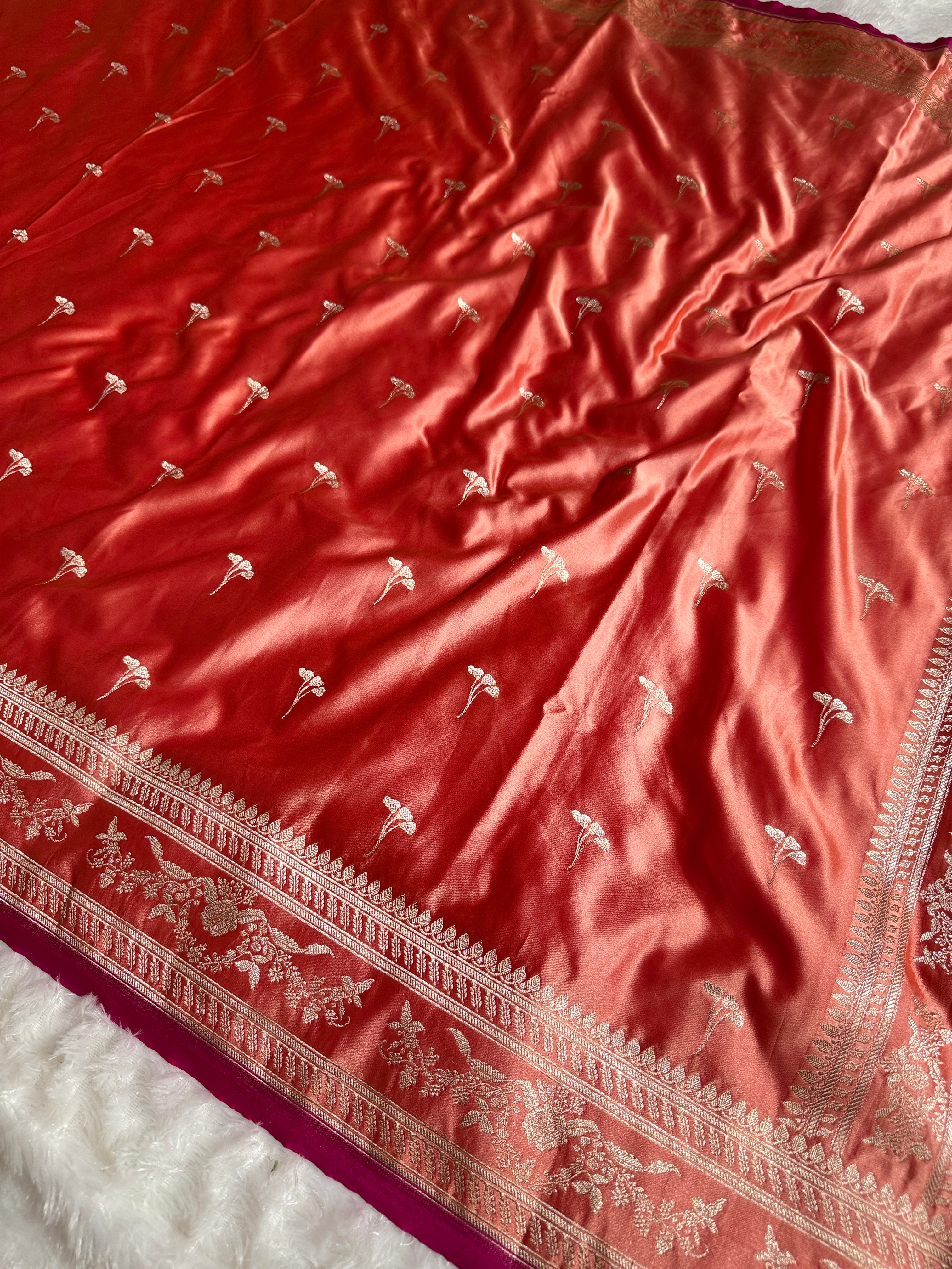 Peach Banarasi Mashru Silk Saree with Jacquard Woven Flower Buta & Rupa Sona Zari Highlights MKS086
