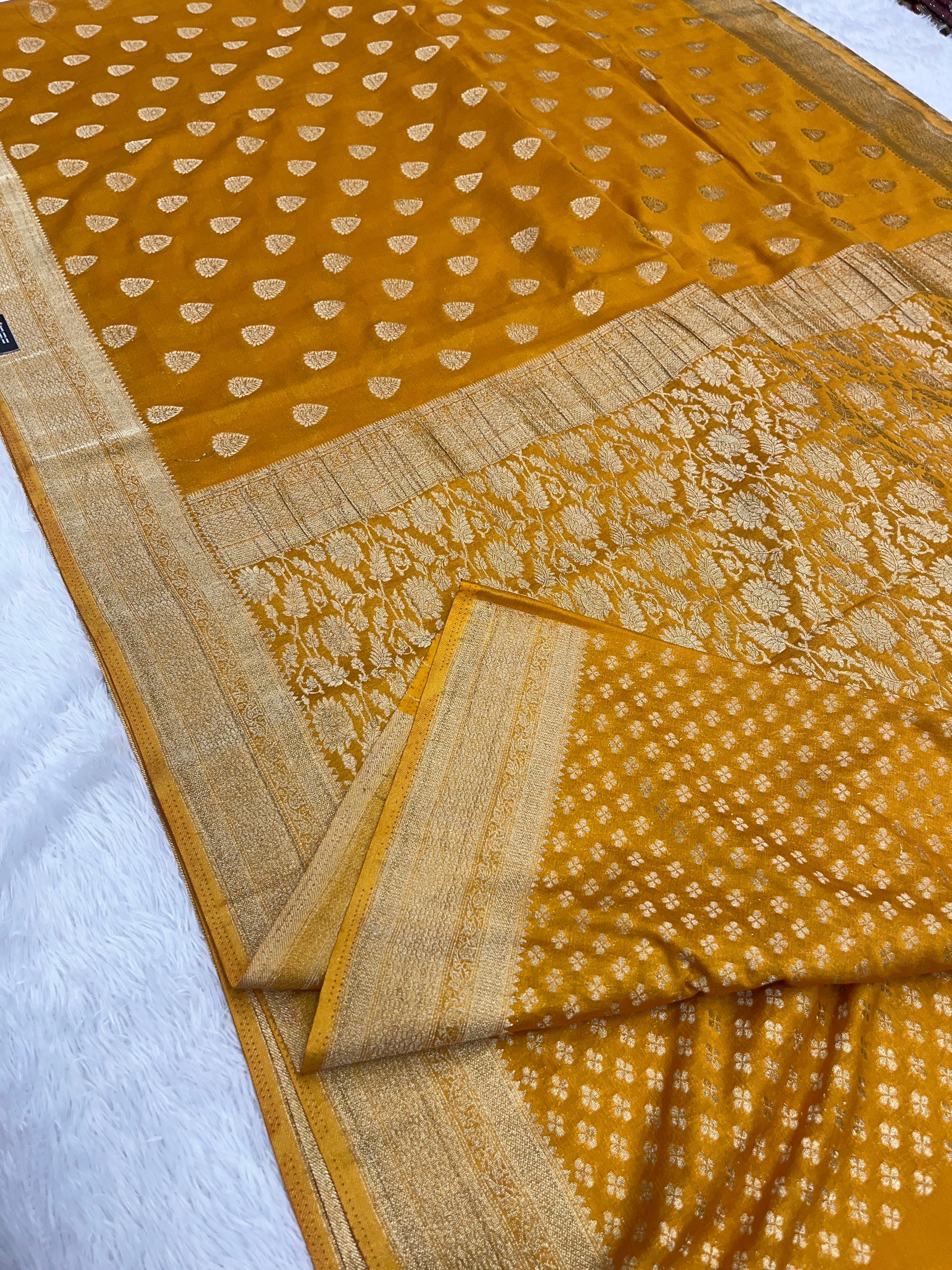 Chinon Silk Buta Zari Mustard Yellow Color Saree CN01