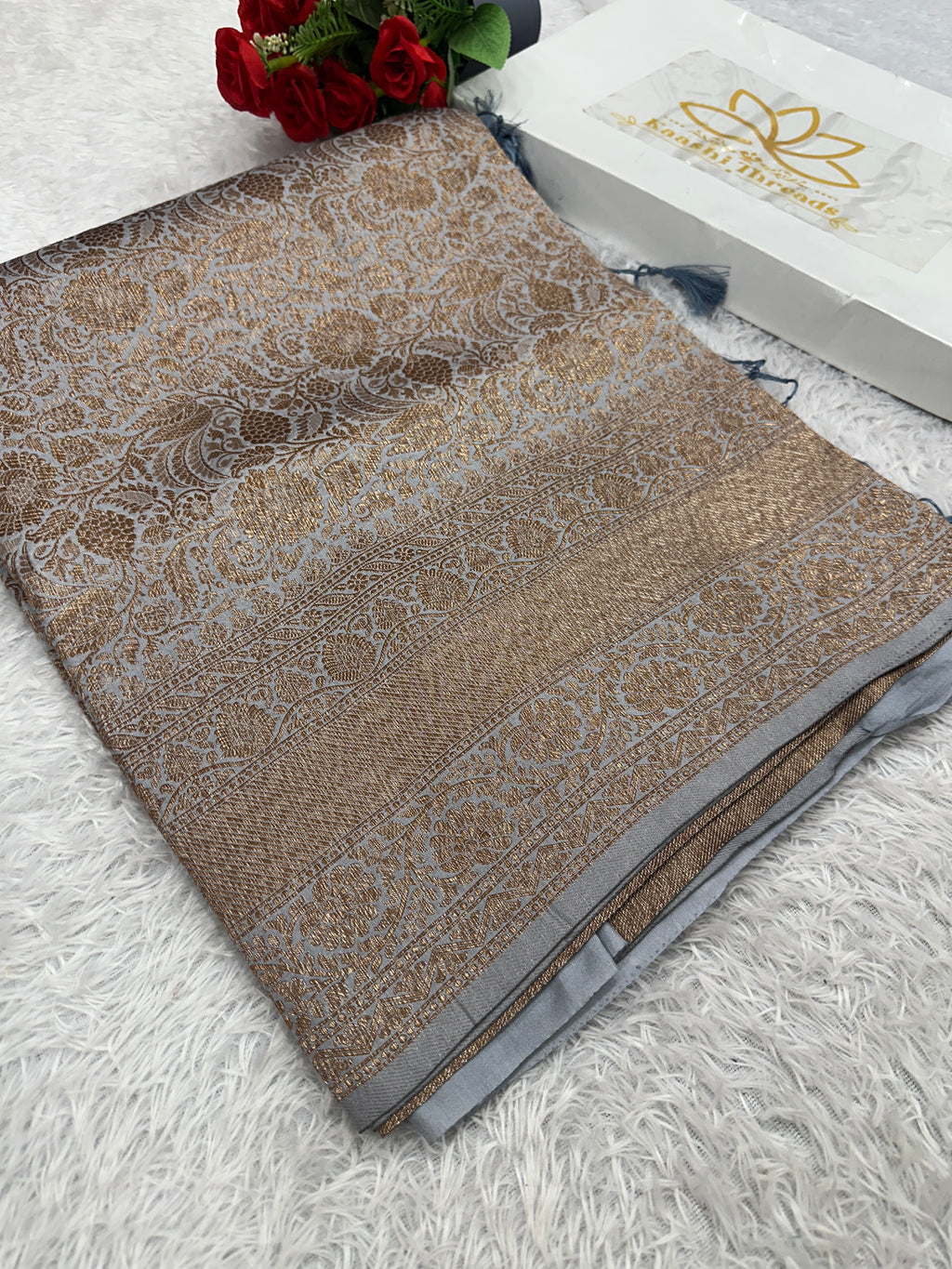 Grey Banarasi Dupion Silk Saree with Embossed Antique Zari Weaving & Rich Antique Zari Pallu | STF71