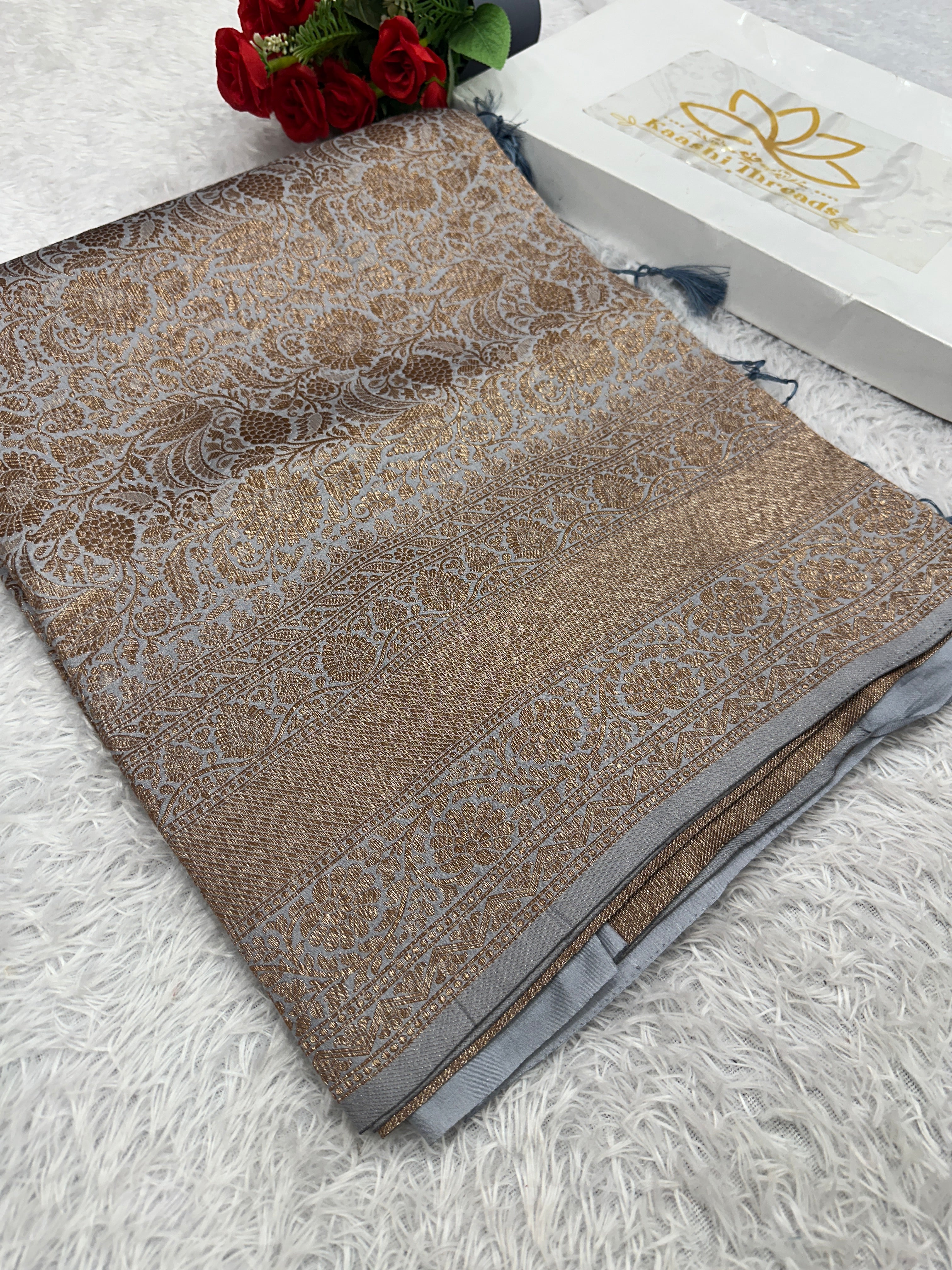 Grey Banarasi Dupion Silk Saree with Embossed Antique Zari Weaving & Rich Antique Zari Pallu | STF71