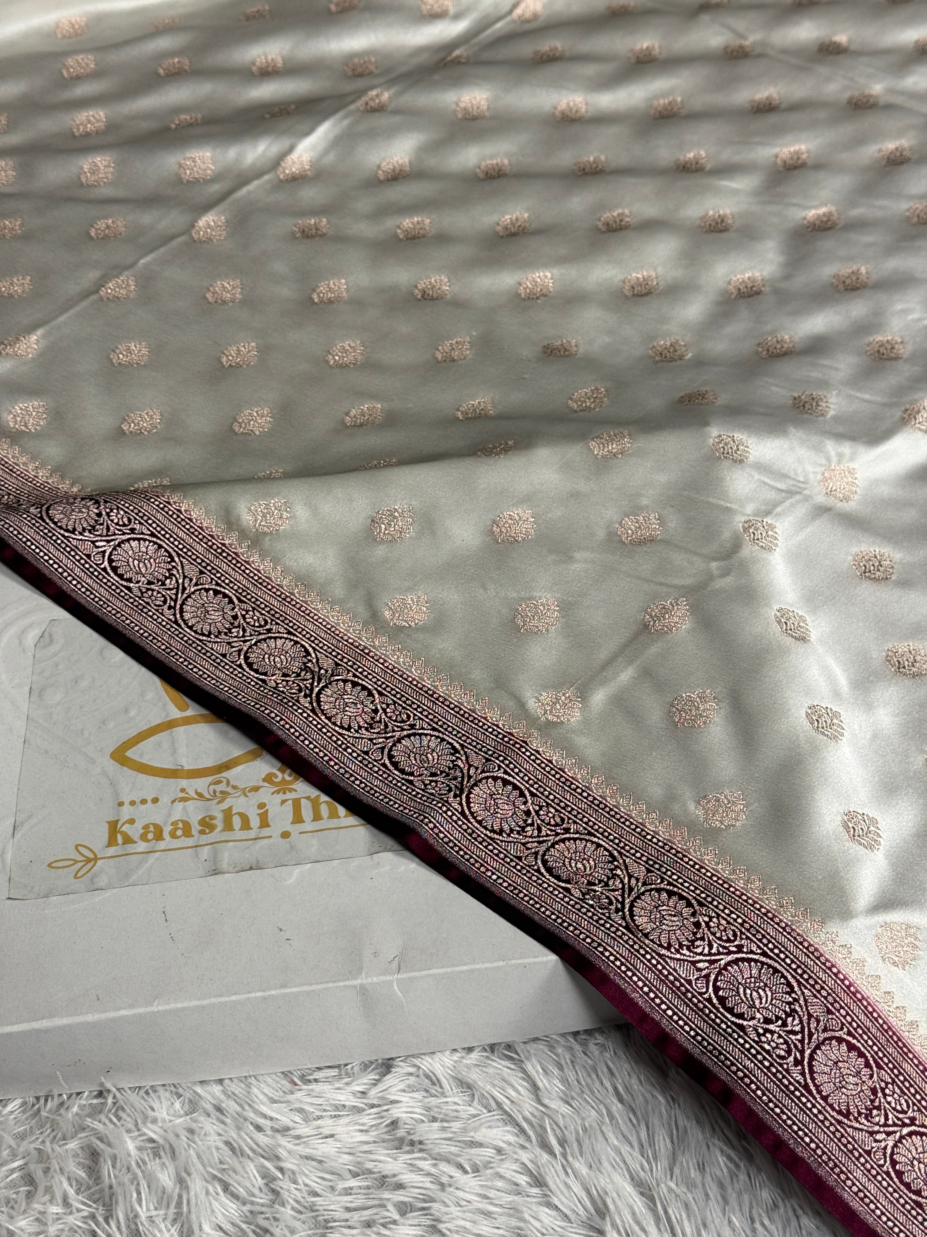 Cream & Wine Mashru Kataan Silk Saree with Buta Woven Design and Rich Zari Pallu | MKS644