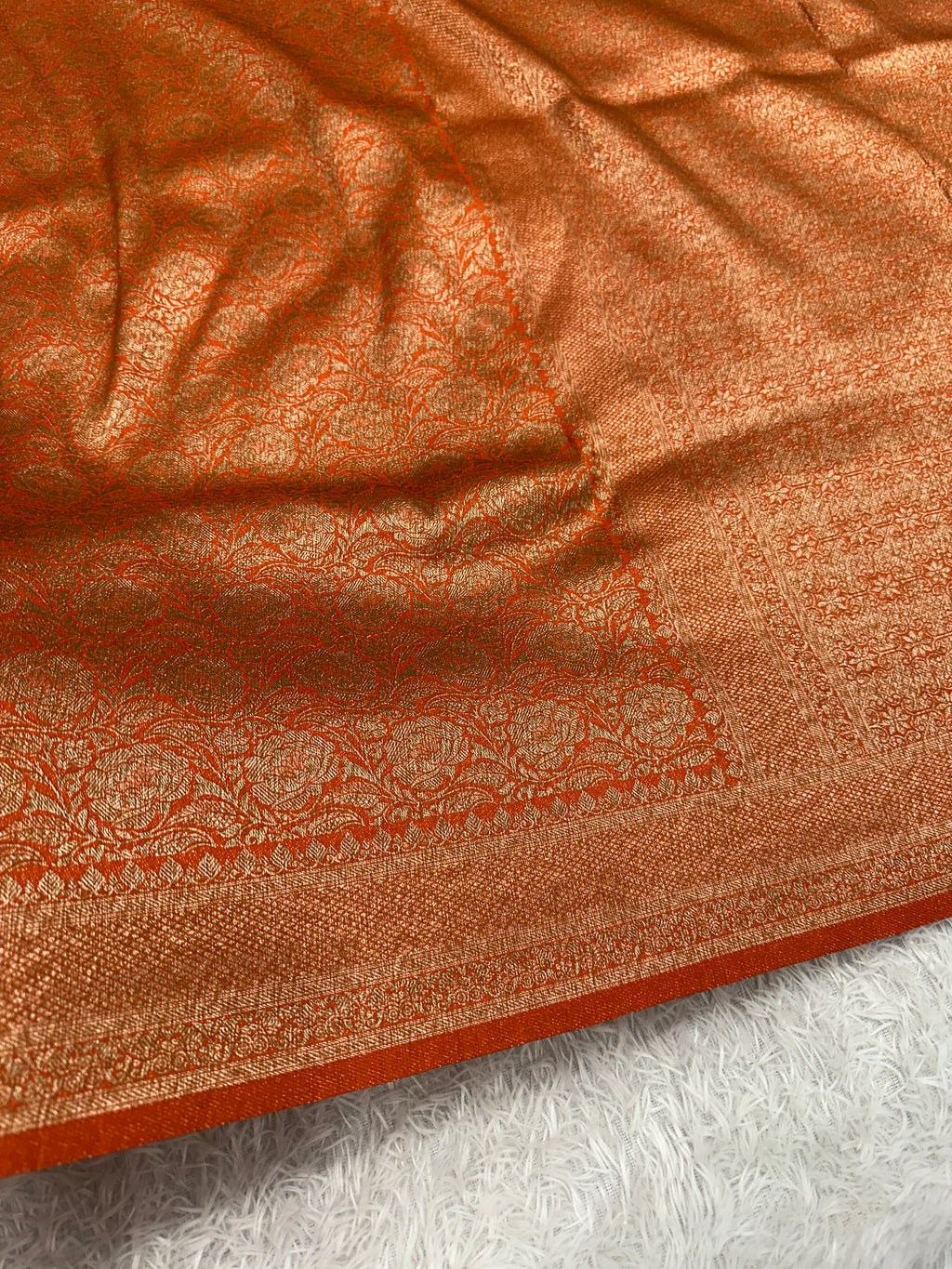 Rust Orange Banarasi Dupion Silk Saree with Embossed Antique Zari Weaving & Rich Antique Zari Pallu | STF58