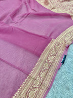 Pure Silk Georgette Strawberry Pink & Yellow Banarasi Saree with Nimzari Woven Border & Rich Zari Pallu
