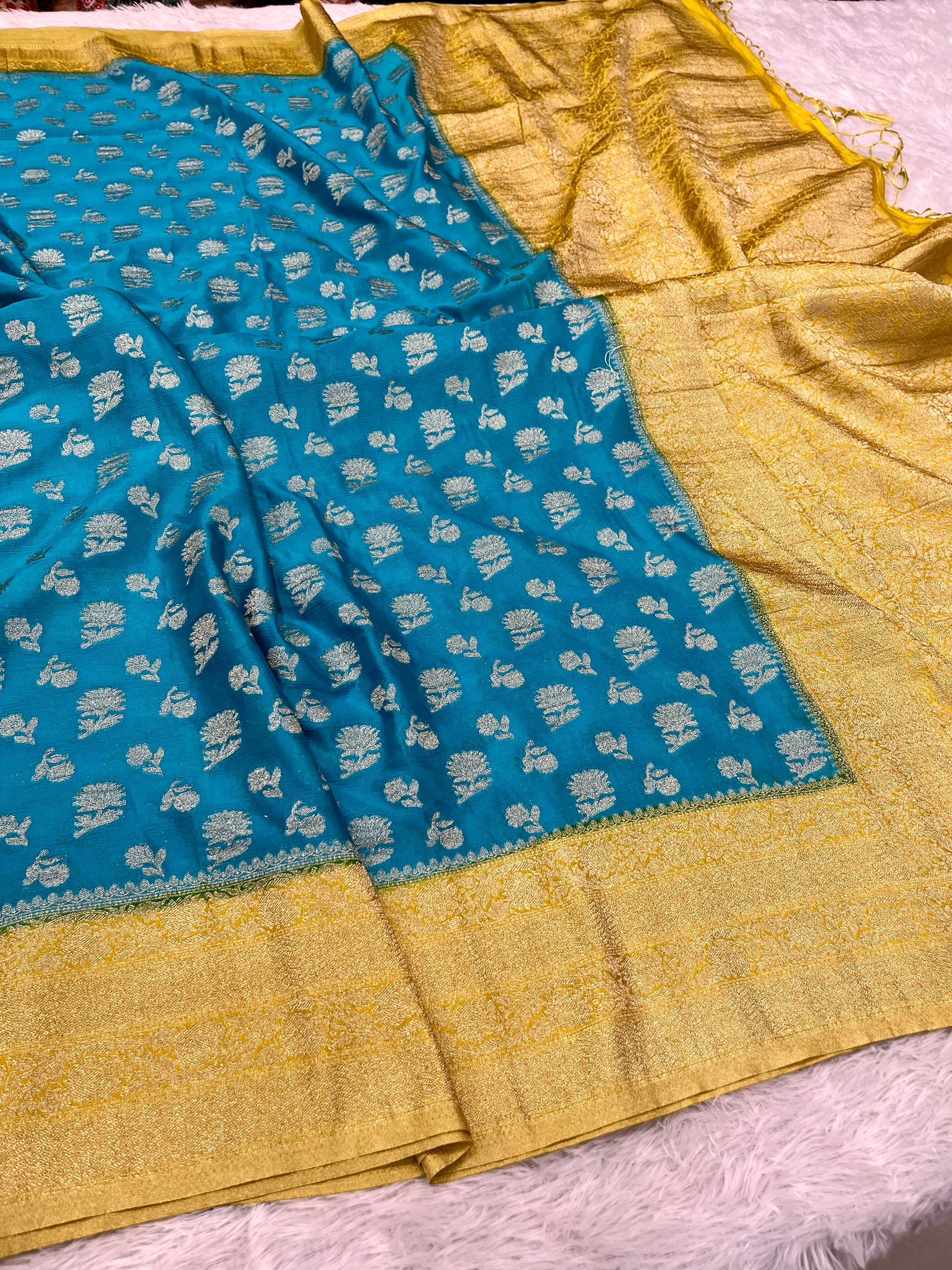 Chinon Silk Big small Buta  Design Sea blue Color Saree CN06