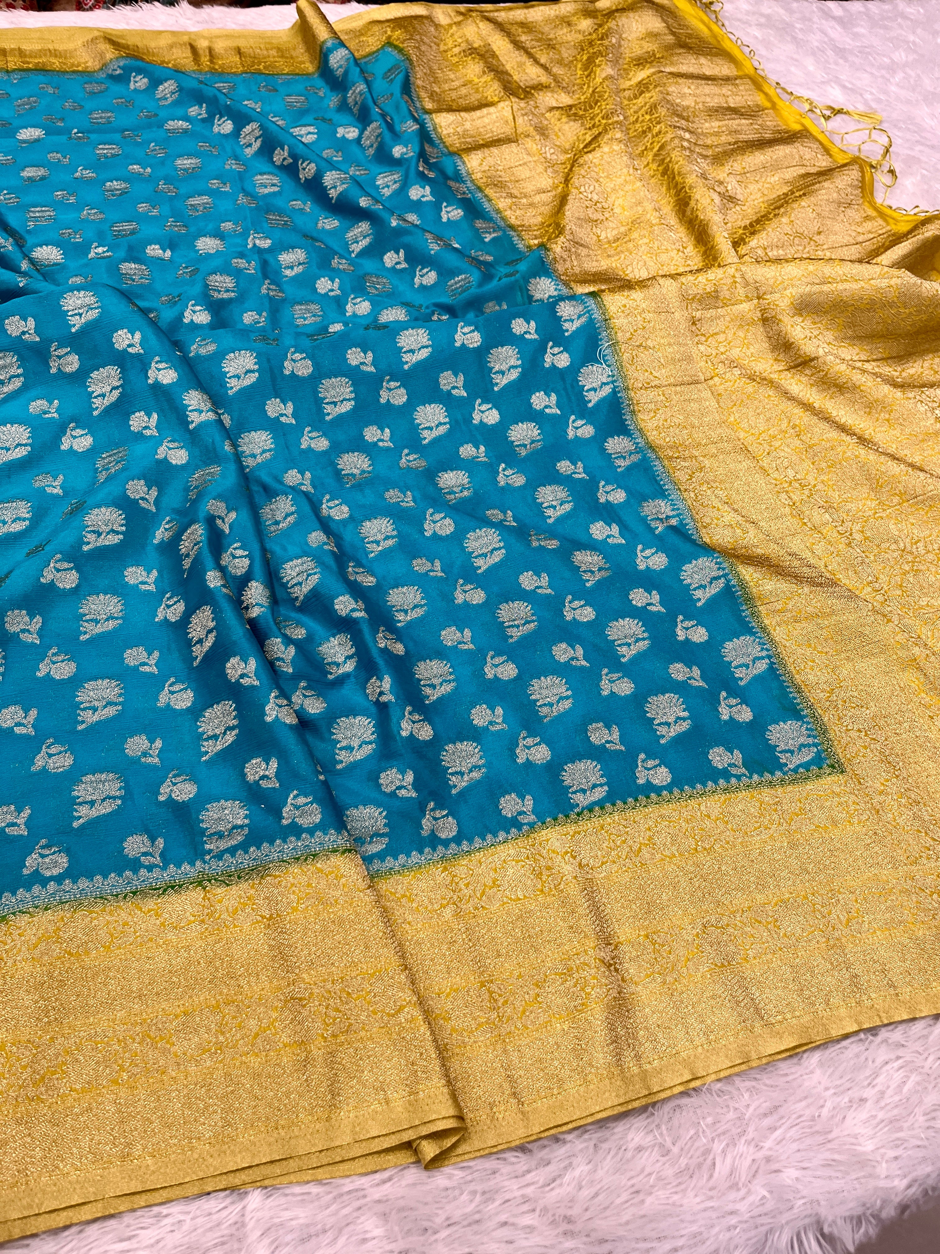 Chinon Silk Big small Buta  Design Sea blue Color Saree CN06