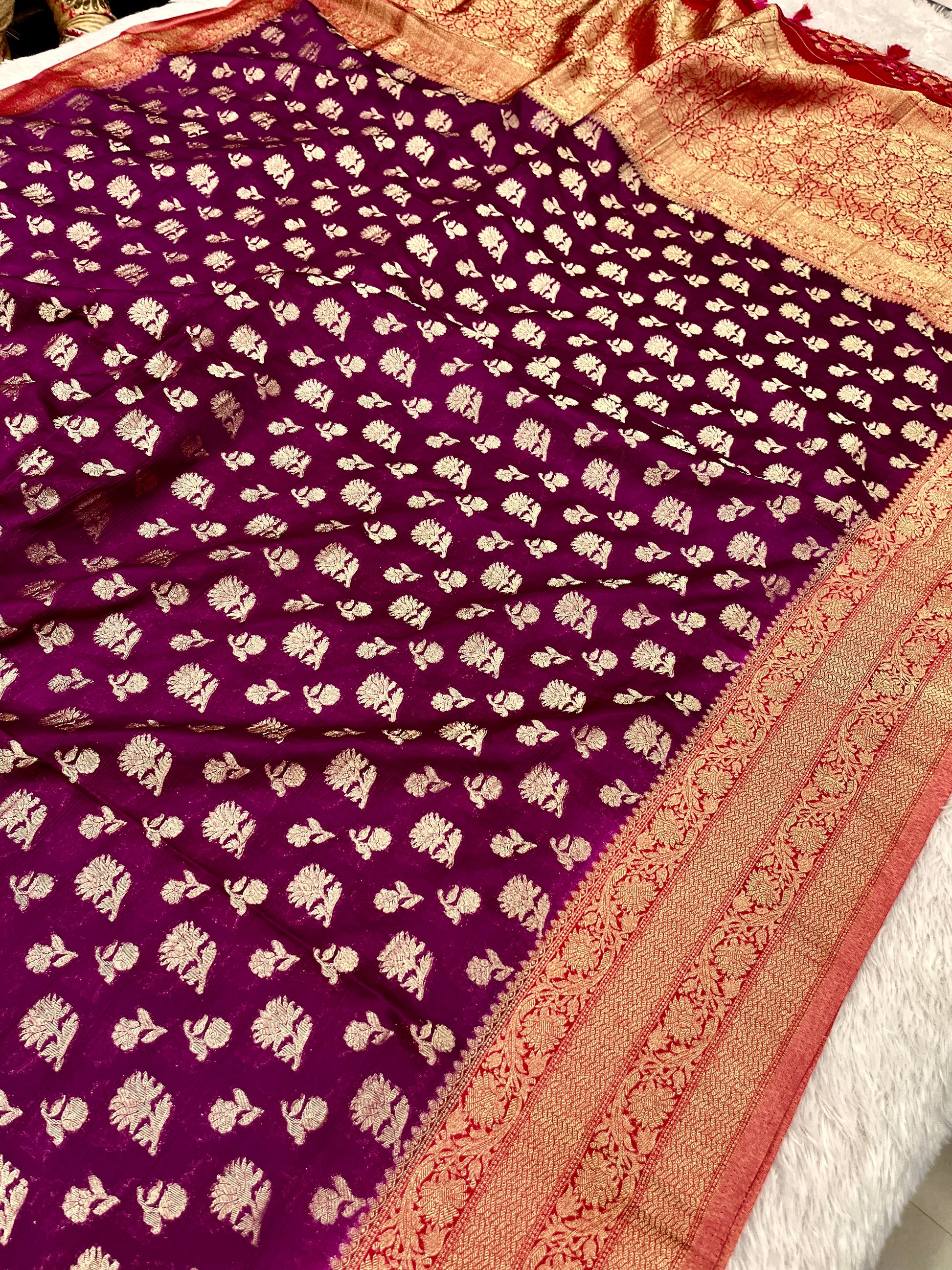 Chinon Silk Big small Buta  Design Magenta with Red Color Saree CN06