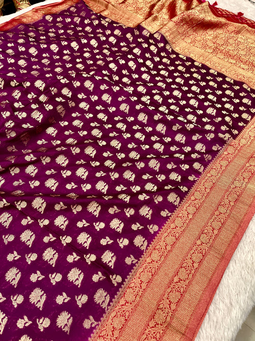 Chinon Silk Big small Buta  Design Magenta with Red Color Saree CN06