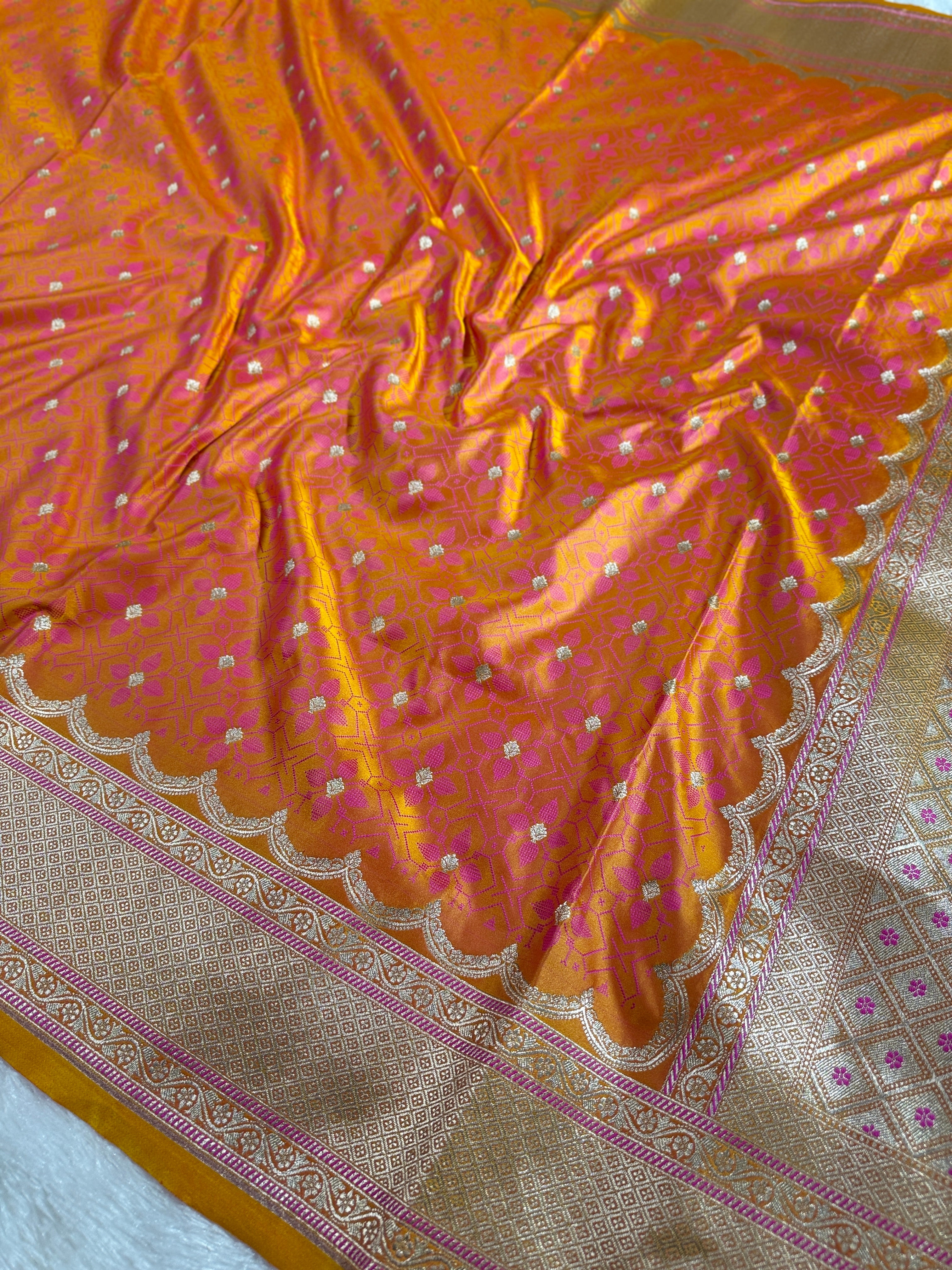 Gold Yellow Banarasi Mashru Silk Saree with Tanchoi Meena Woven Pattern & Fancy Jacquard Border MKS106