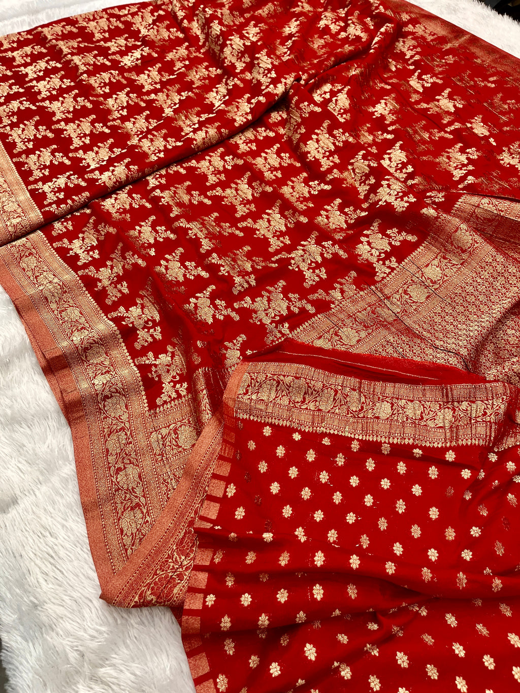 Chinon Silk Flower Design Red  Color Saree CN04