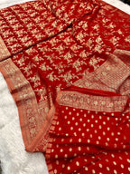 Chinon Silk Flower Design Red  Color Saree CN04