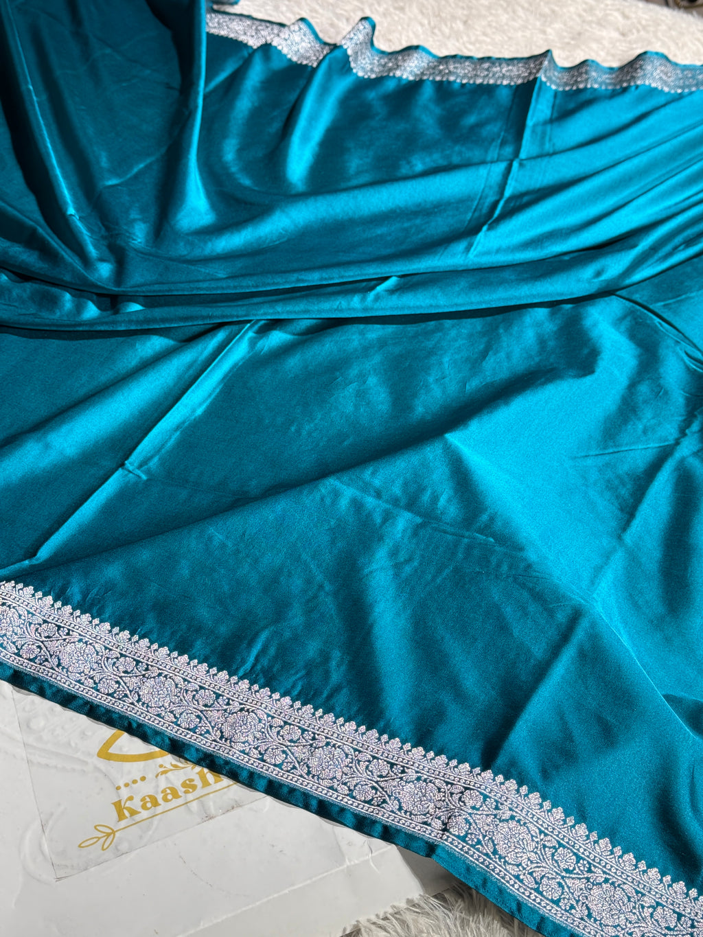 Rama Blue Banarasi Mashru Silk Saree with Pallu Border Woven Design MKS162