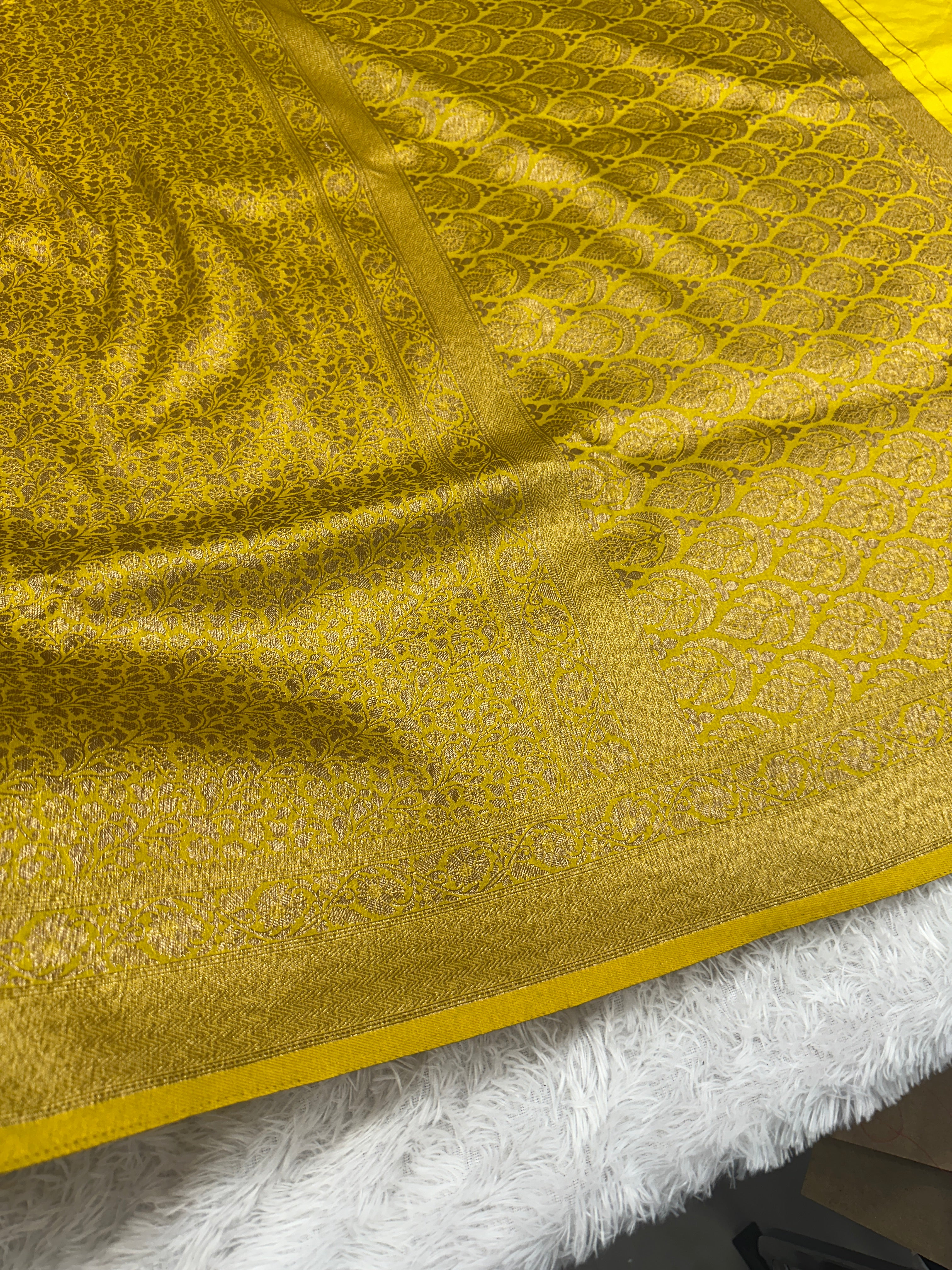 Lemon Yellow Banarasi Dupion Silk Saree with Embossed Antique Zari Weaving & Rich Antique Zari Pallu | STF82