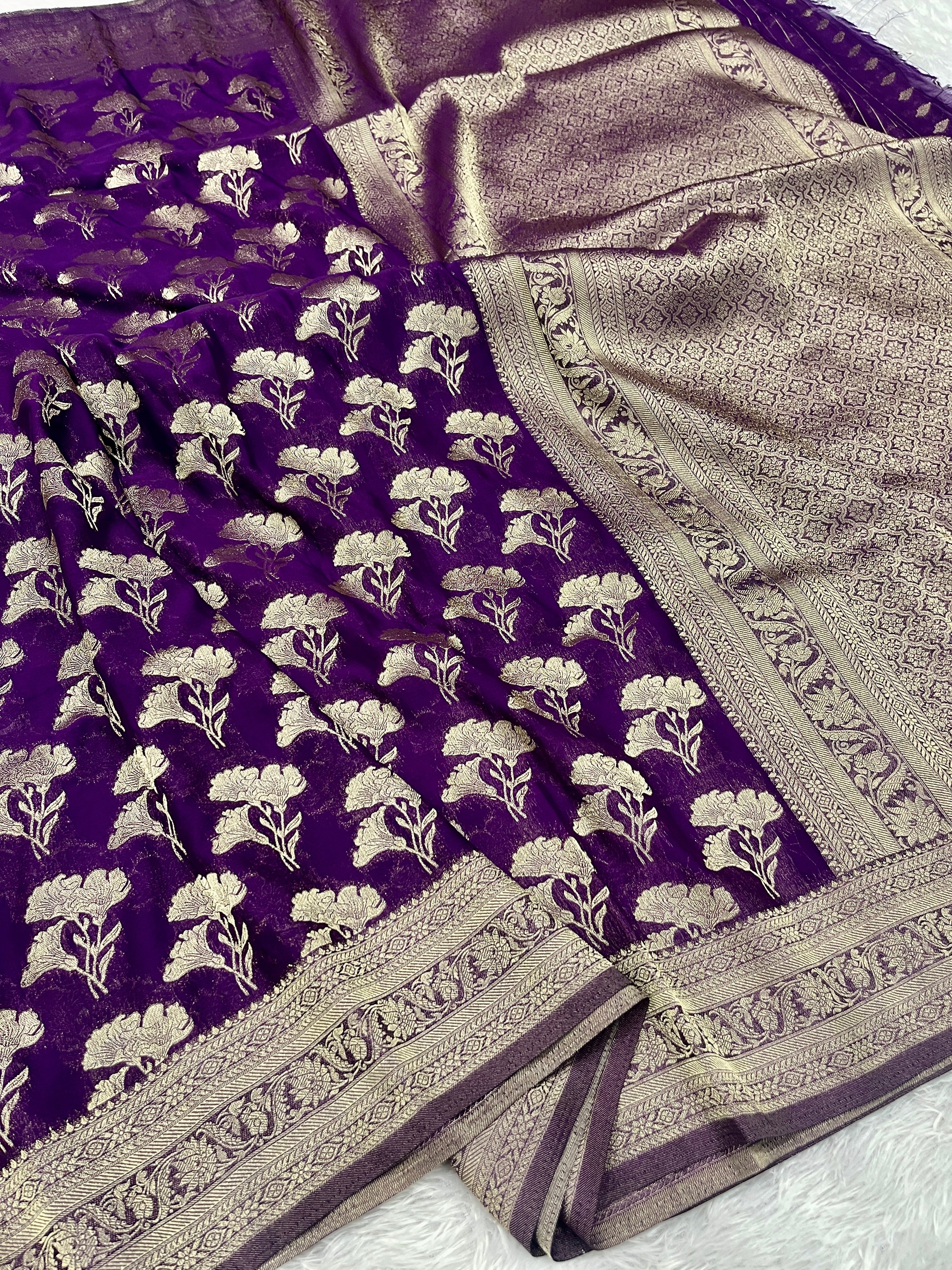 Chinon Silk Dual Flower Design Purple Color Saree CN05