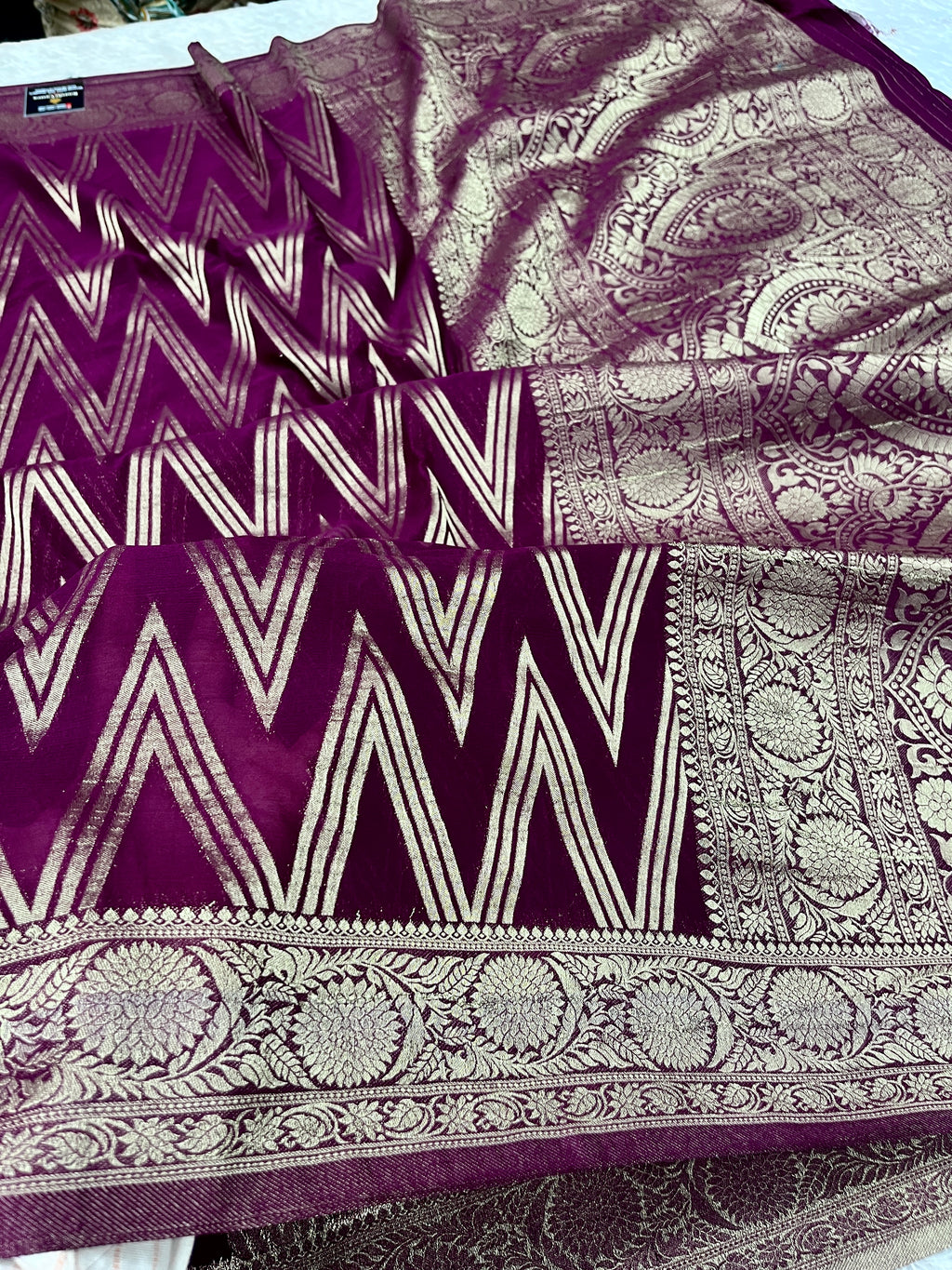 Chinon Silk Zig Zag Design Wine Color Saree CN09